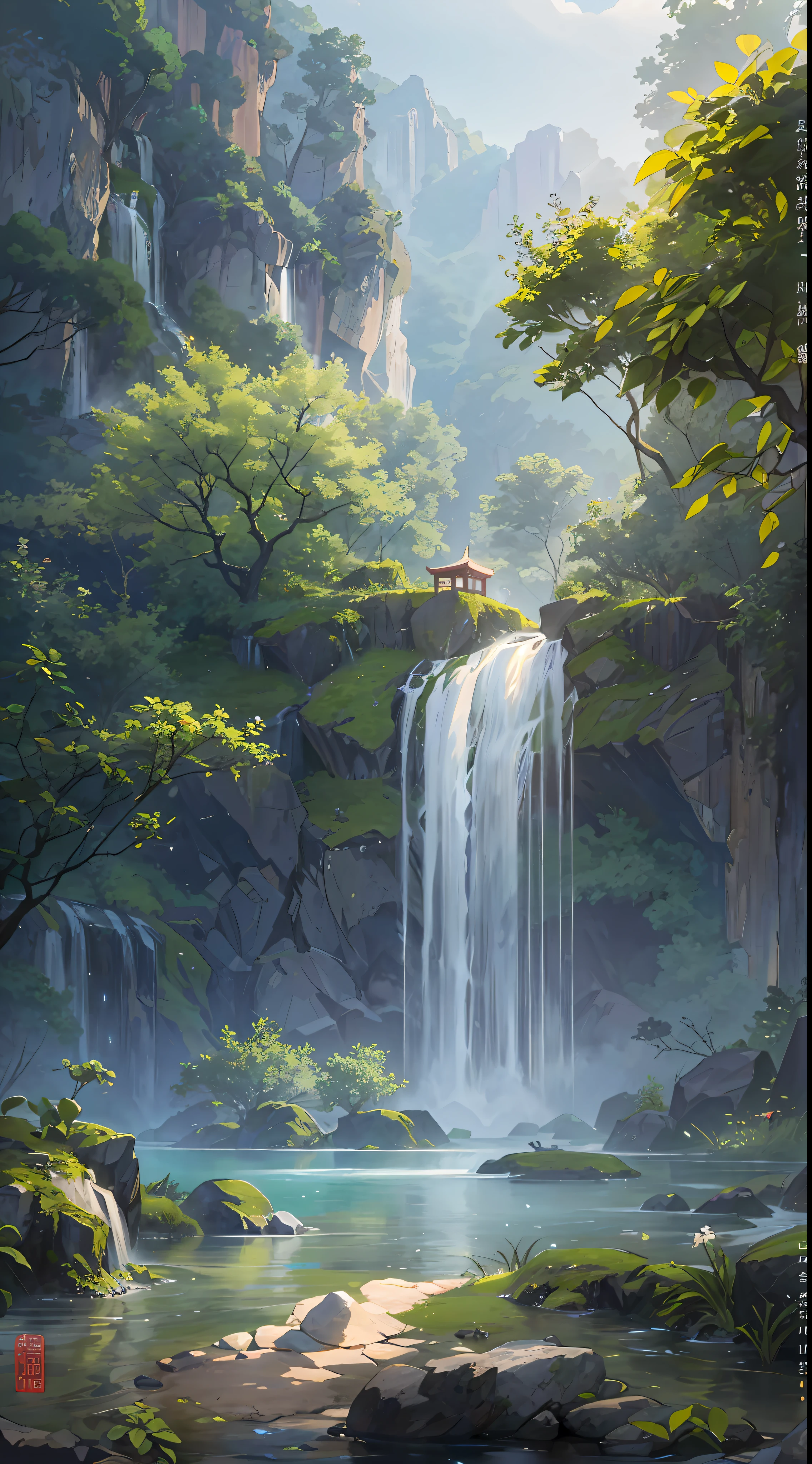Chinese ancient times, spring, jungle, lake, cave, waterfall, tree, meadow, rock, deer, hot spring, water vapor, (illustration: 1.0), epic composition, realistic lighting, HD details, masterpiece, best quality, (very detailed CG unified 8k wallpaper)