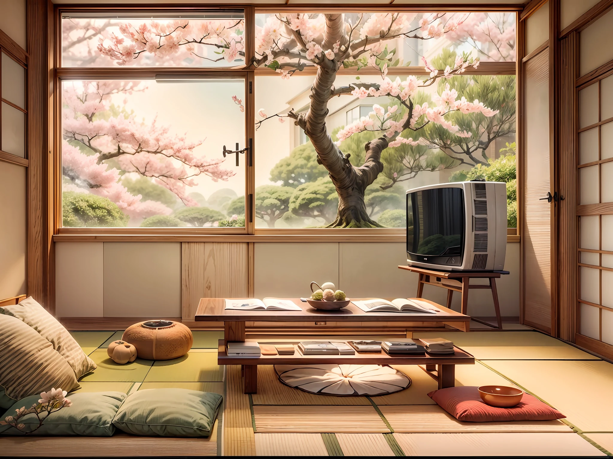 A modern living room with Japanese-style decor, featuring a TV, air conditioner, a framed picture of a Sakura tree, tatami flooring, a bonsai tree, and a window overlooking a serene garden.