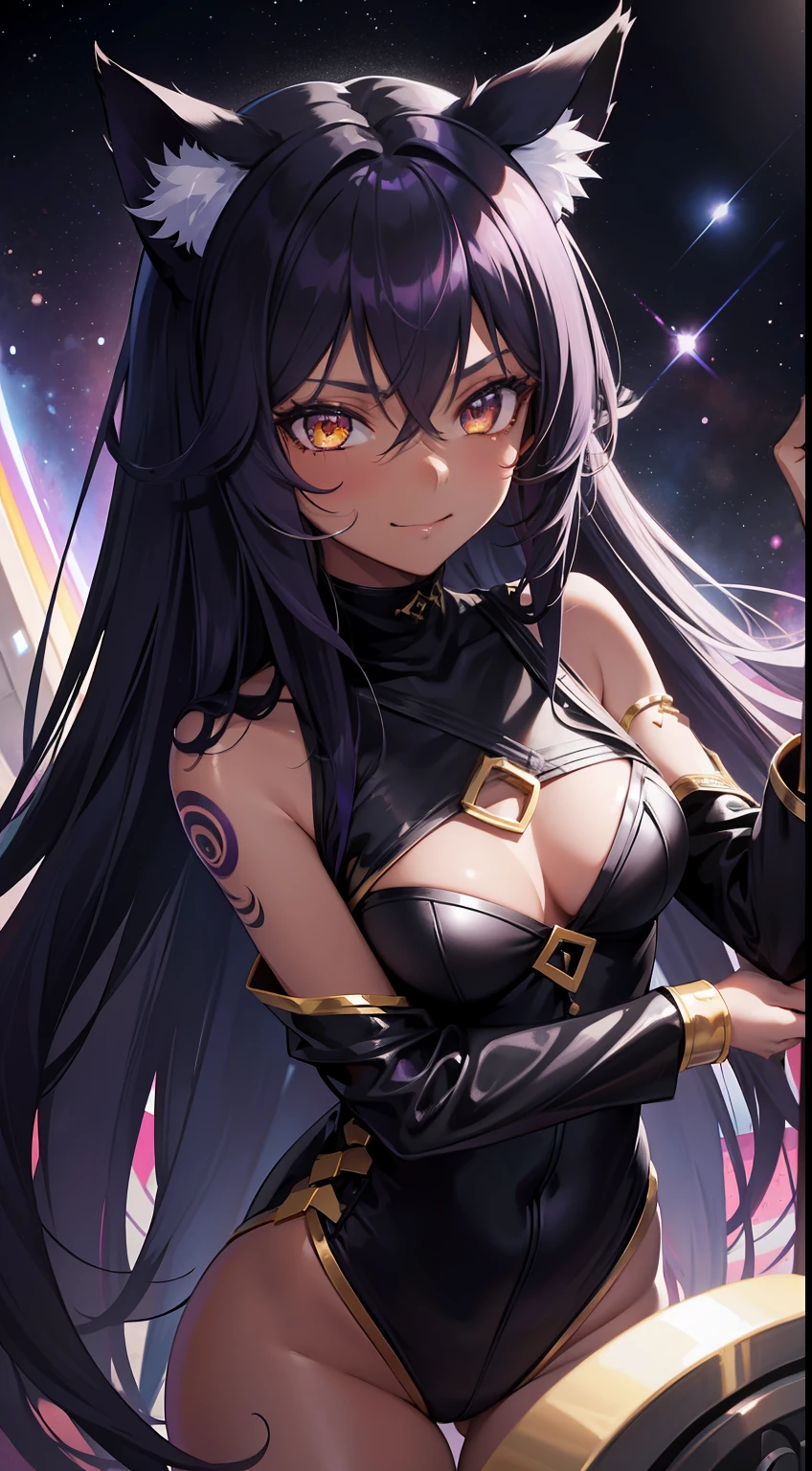 young girl, Dark black skin, long purple hair, cat ears, golden eyes, Naked, cosmic tattoo, outer space, smirk, Masterpiece, hiquality