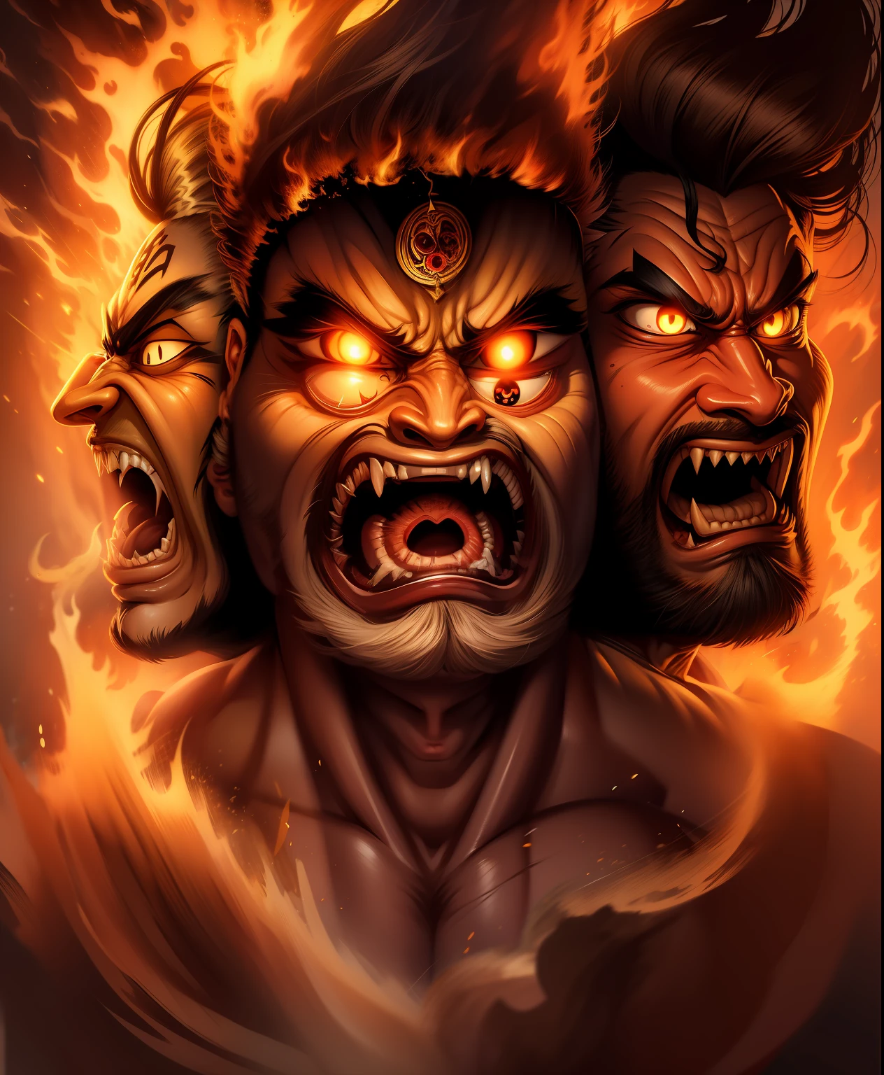 Angry three-headed man，Double eyes，buck teeth，Hair stands on end，Fire，