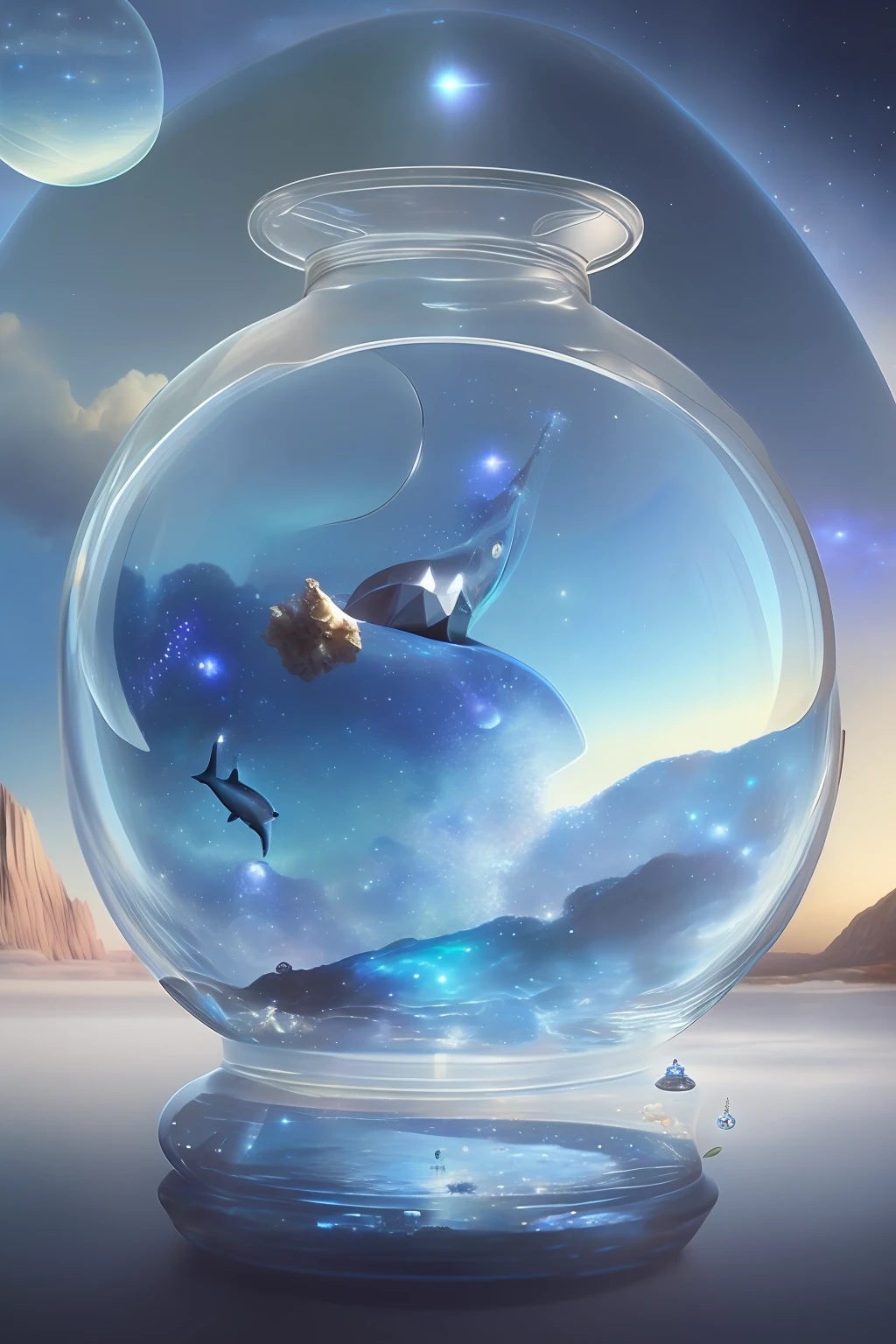 There is a glass vase with dolphins inside, Galaxy in a bottle, Dream landscape in a bottle, Bottle of stars, looking out into the cosmos, Giant glass dome in space, Glass - Reflection - Stars, Crystal ball, in the astral plane ) ) ), Adam Marczyński, detaileds, looking out into space