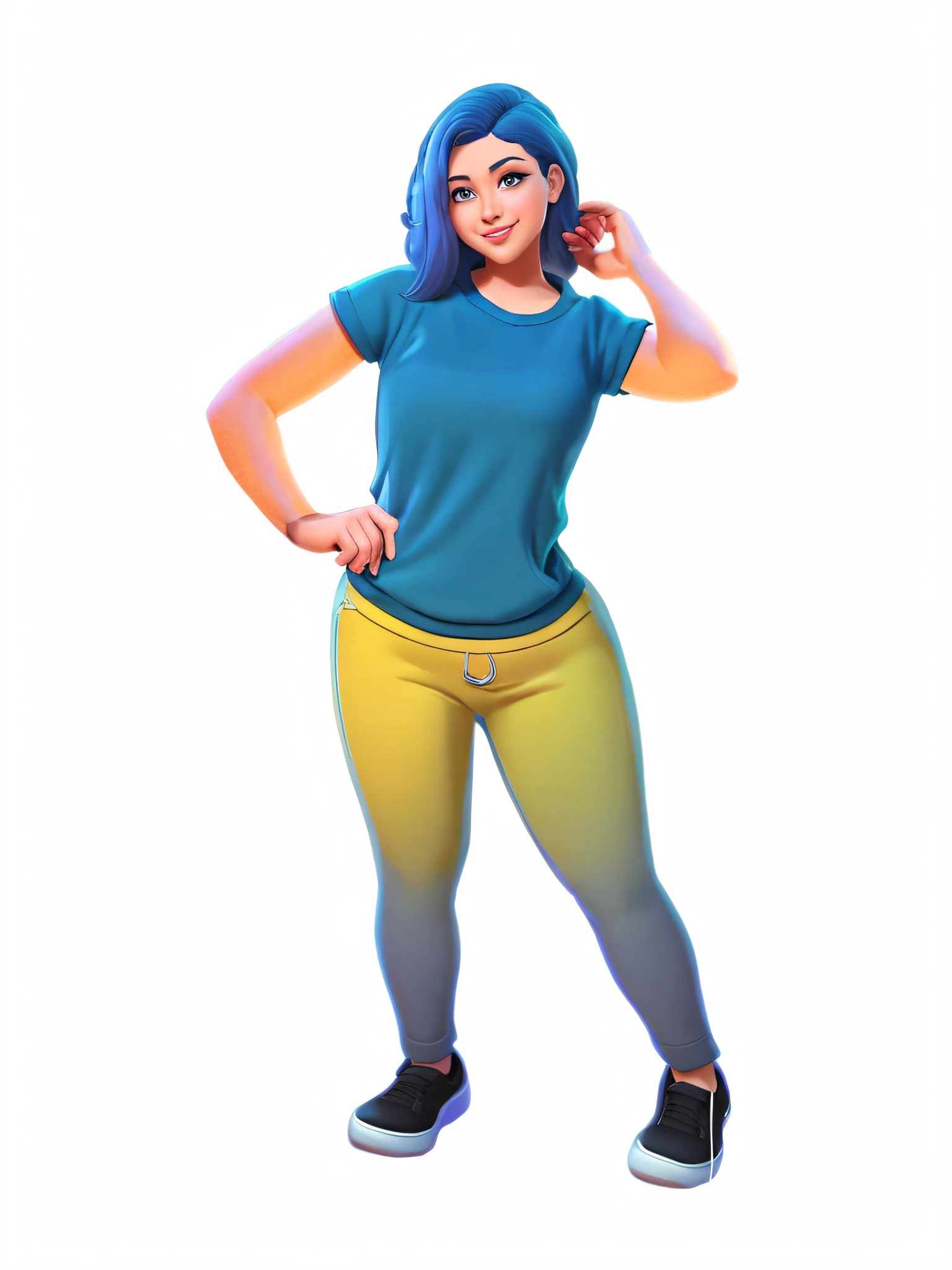 a woman with blue hair and yellow pants posing for a photo, Pose casual, retrato de personagem de corpo inteiro, Pose de personagem, Retrato de corpo inteiro do personagem, Retrato de personagem de corpo inteiro, Personagem de corpo inteiro, imagem de corpo inteiro, animation character, character is in her natural pose, single character full body, arte oficial do personagem, full body single character, corpo completo do personagem, retrato de corpo inteiro