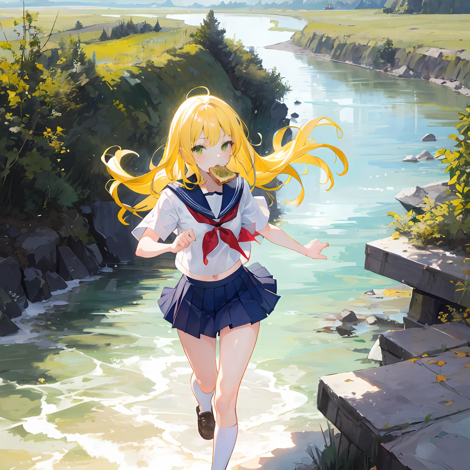 1girl,run,Yellow hair,long hair,hessy hair,green eyes,serafuku,toast in mouth,river