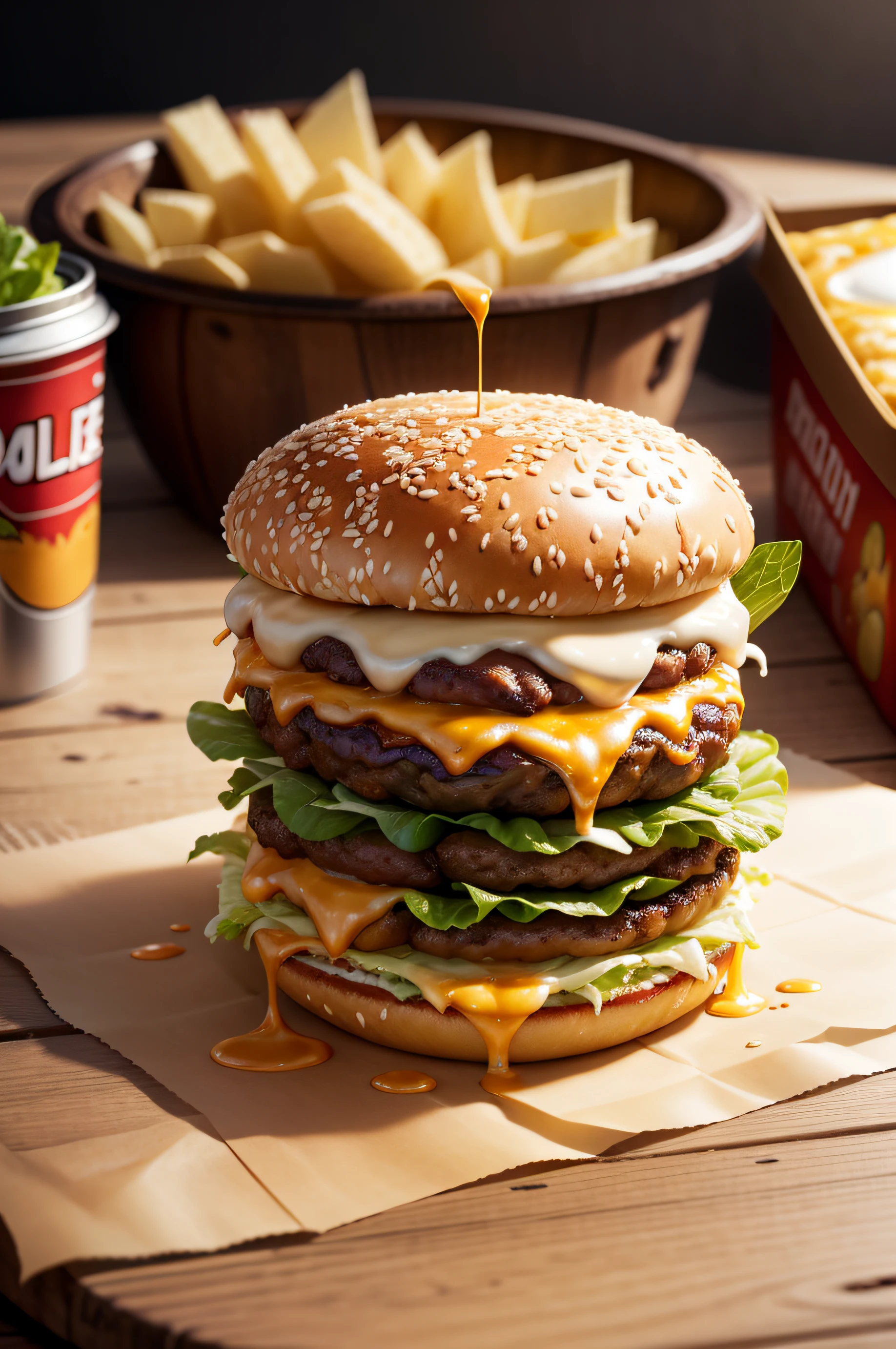 best quality, ultra high res, (photorealistic:1.4), ultra-detailed,incredibly detailed, foil package, big mac, fried meat, wet lettuce, melting cheese, --auto