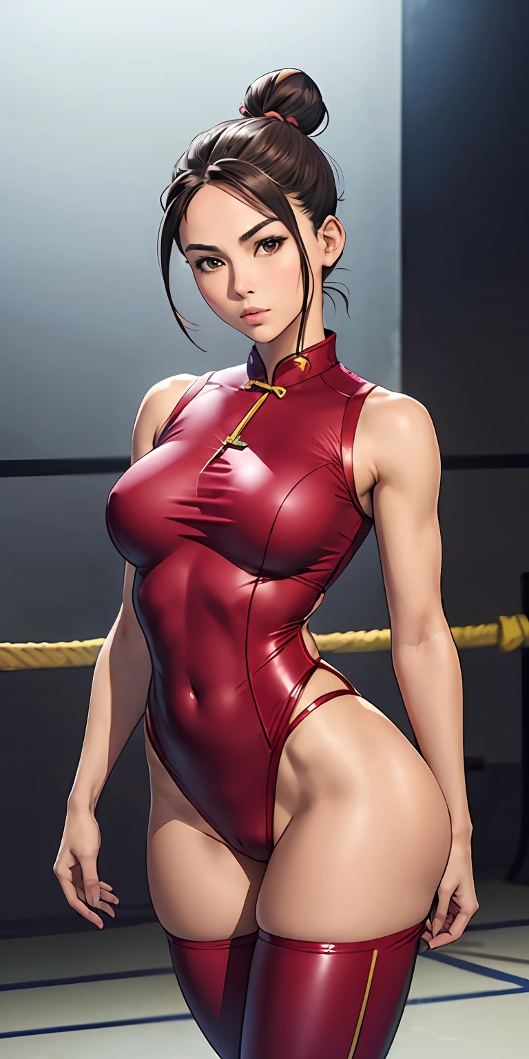 woman in her 20s, churnalism, (perfect face), defined jawline, beautiful brown eyes, beautiful lips, (short brown hair, hair bun, double bun), (perfect anatomy), (athletic body), (sexy), (thick thighs), (perfect hands), (blue cheongsam), tight pink track pants, spiky bracelets, looking at the viewer, (medium-full shot photograph), (fighting arena background), realistic