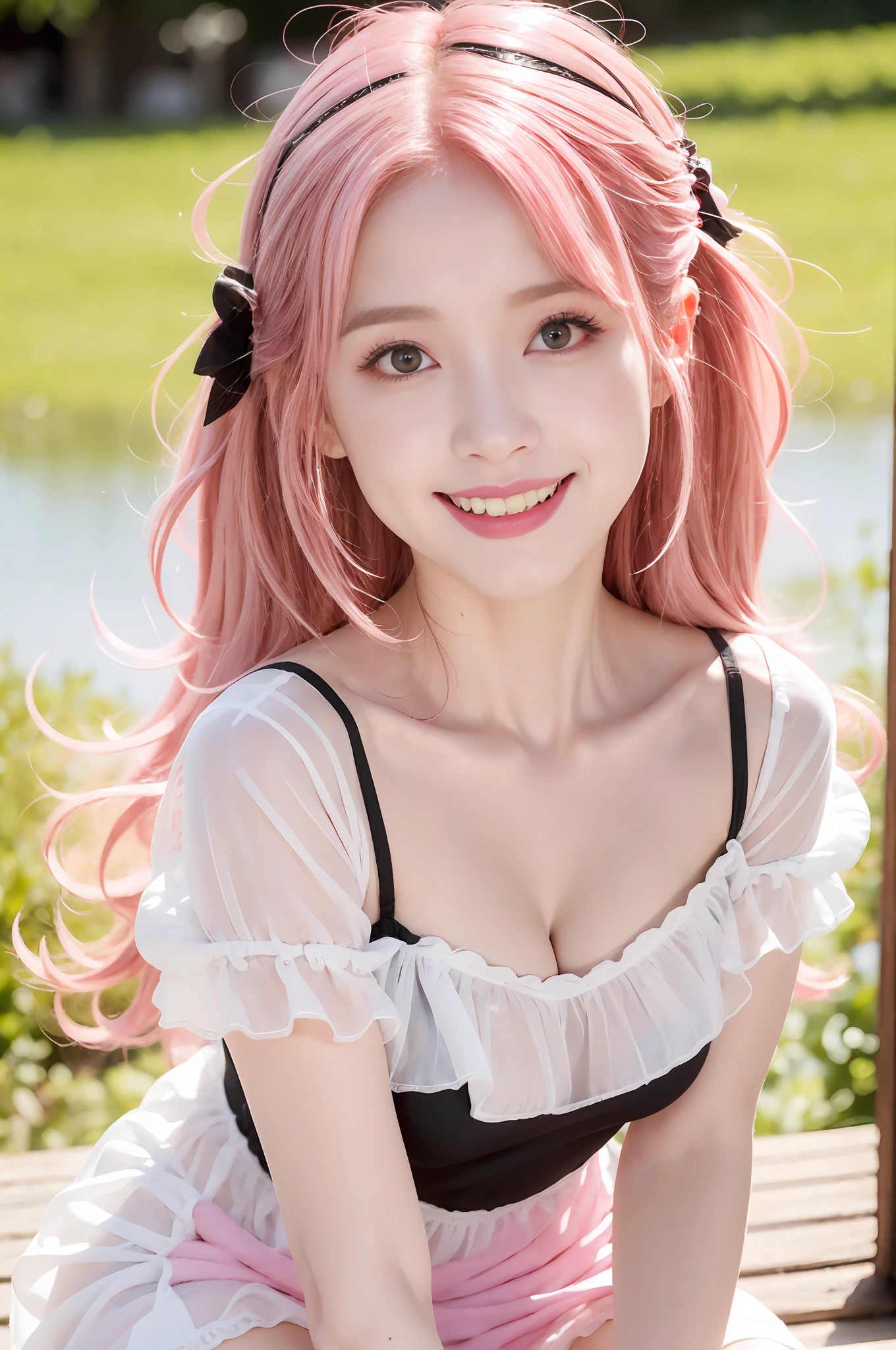 8k resolution, high resolution, single, girl, fair skin, big eyes, long eyelashes, sweet silkworm, deep eyes, lipstick, smile, ((pink hair)), messy hair, hair details, face details, ((white slip shirt)), ((black dress)), summer sun, nature, cute little animals, cute girl, silly cute, girly, white tights