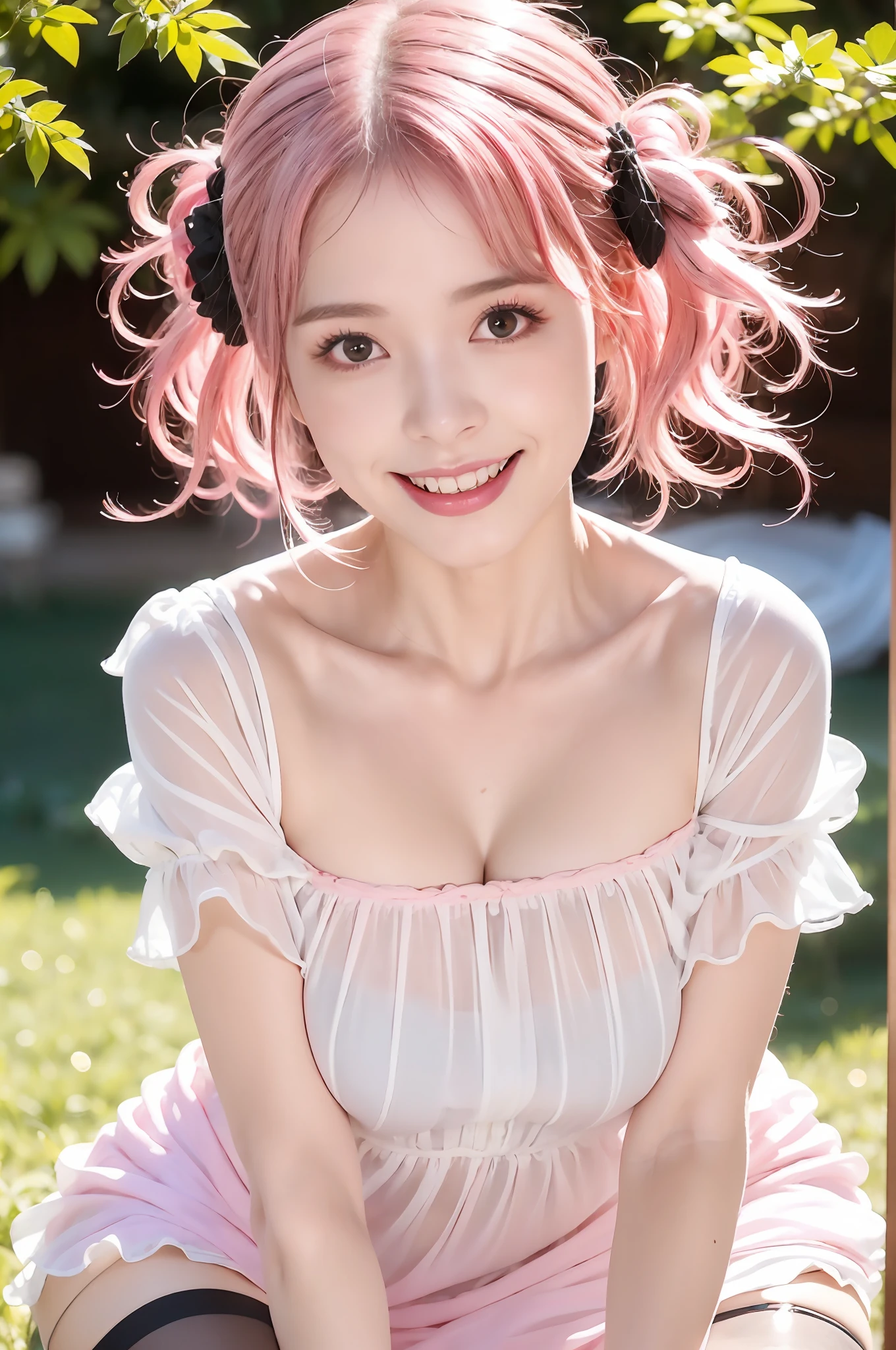 8k resolution, high resolution, single, girl, fair skin, big eyes, long eyelashes, sweet silkworm, deep eyes, lipstick, smile, ((pink hair)), messy hair, hair details, face details, ((white slip shirt)), ((black dress)), summer sun, nature, cute little animals, cute girl, silly cute, girly, white tights