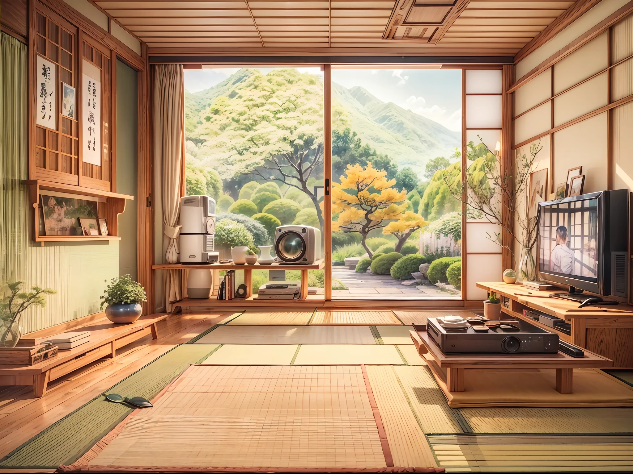 A cozy modern living room with Japanese-style decor, showcasing a TV, air conditioner, a framed picture, tatami flooring, a tea desk, and a tranquil garden view from the window.