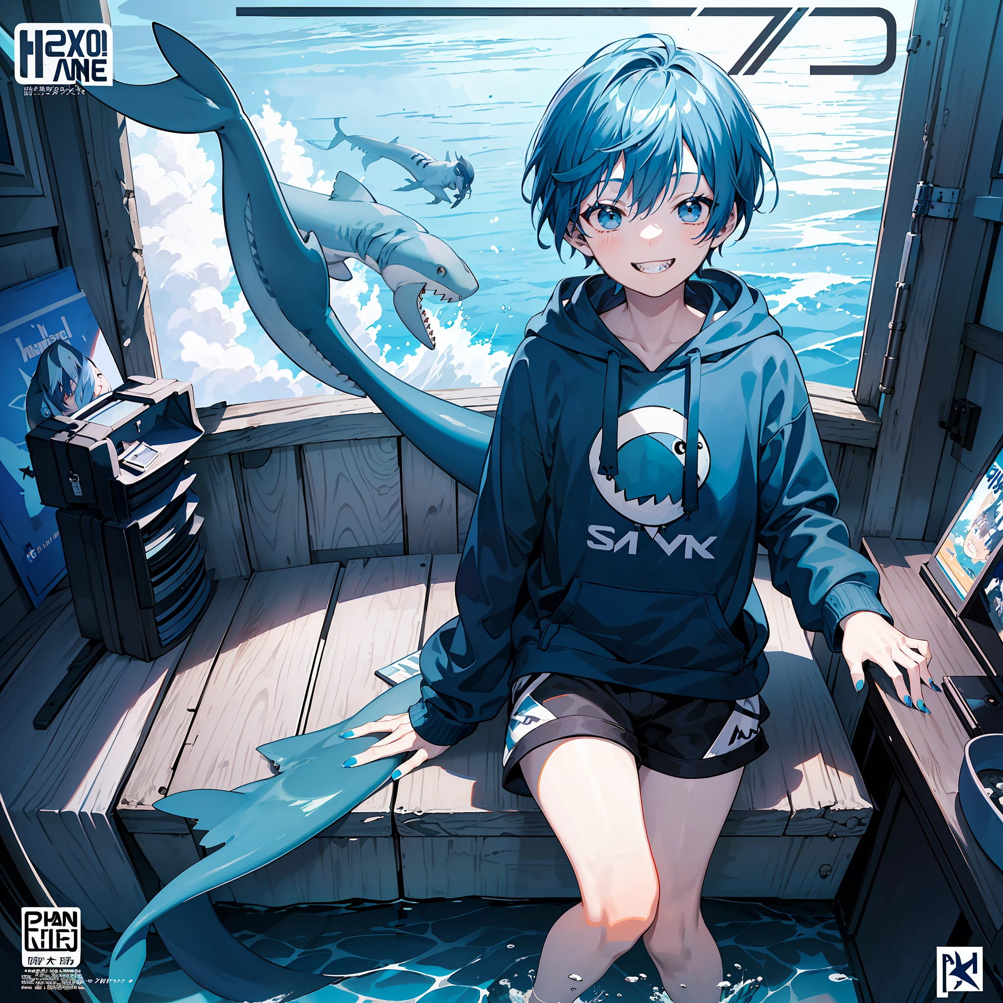 masterpiece, best quality, full body, (1boy), (Wearing a blue shark tail hoodie), (boy smiling sharp teeth), (Boy Messy Japanese Round Haircut for Thick Hair), (blue nails), (blue hair), black shorts, ((solo)), (magazine:1.3), (cover-style:1.3), fashionable, under the ocean, underwater city