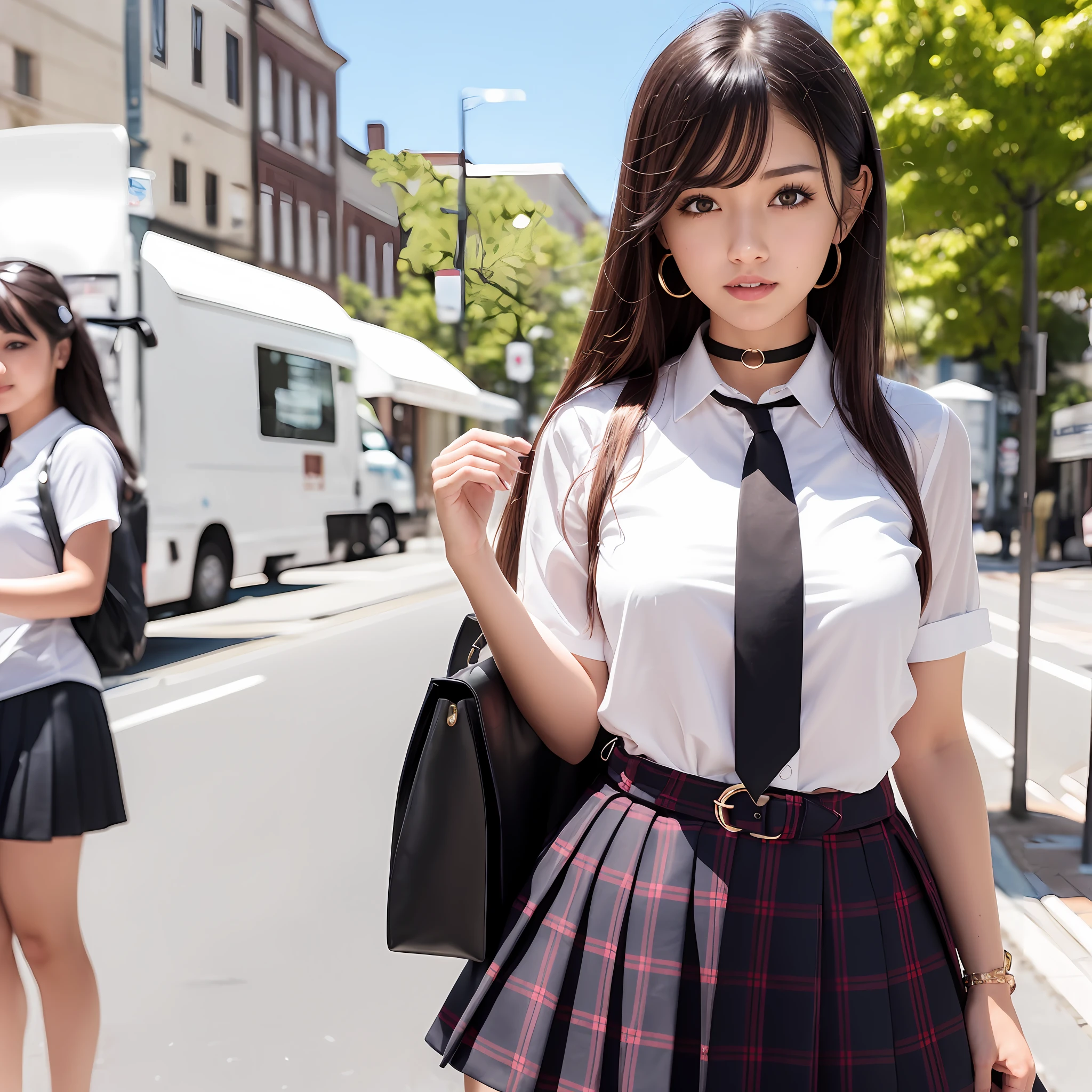 masterpiece, best quality, full body, 1girl, bangs, black choker, black necktie, black hair, blue skirt, blush, bracelet, breasts, choker, clothes around waist, collarbone, collared shirt, cowboy shot, dress shirt, ear piercing, eyebrows visible through hair, gradient hair, grin, gyaru, jewelry, kogal, long hair, looking at viewer, loose necktie, necktie, piercing, plaid, plaid skirt, pleated skirt, red eyes, ring, school uniform, shirt, skirt, smile, solo, white shirt, street, sky, cherry blossoms, petals,illustration, (magazine:1.3), (cover-style:1.3), fashionable, woman, vibrant, outfit, posing, front, colorful, dynamic, background, elements, confident, expression, holding, statement, accessory, majestic, coiled, around, touch, scene, text, cover, bold, attention-grabbing, title, stylish, font, catchy, headline, larger, striking, modern, trendy, focus, fashion,