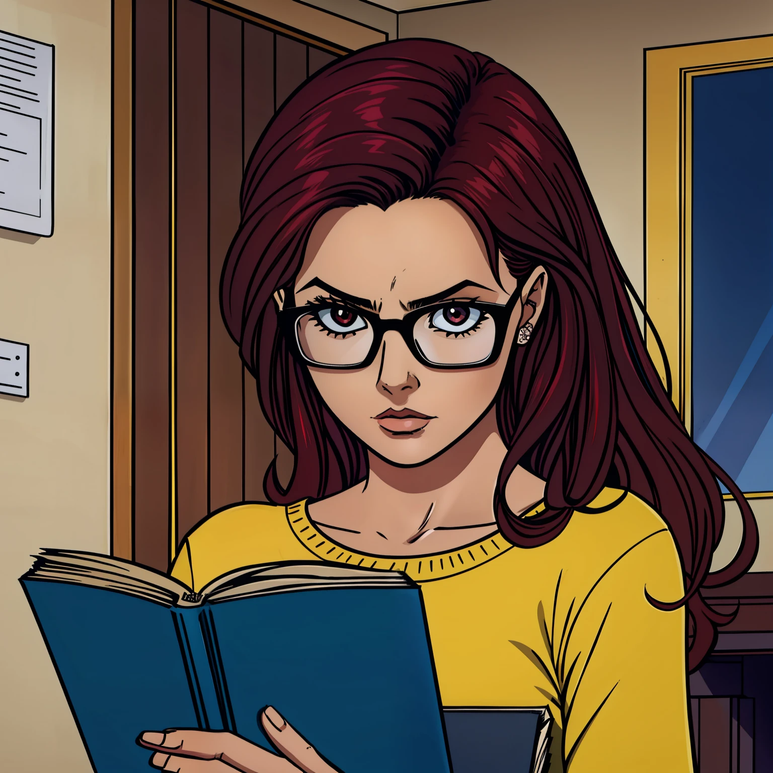 Woman reading serious book, preocupada, cabelo raspado lateral, cabelo vermelho, no quarto, With eye Glasses, 2D,