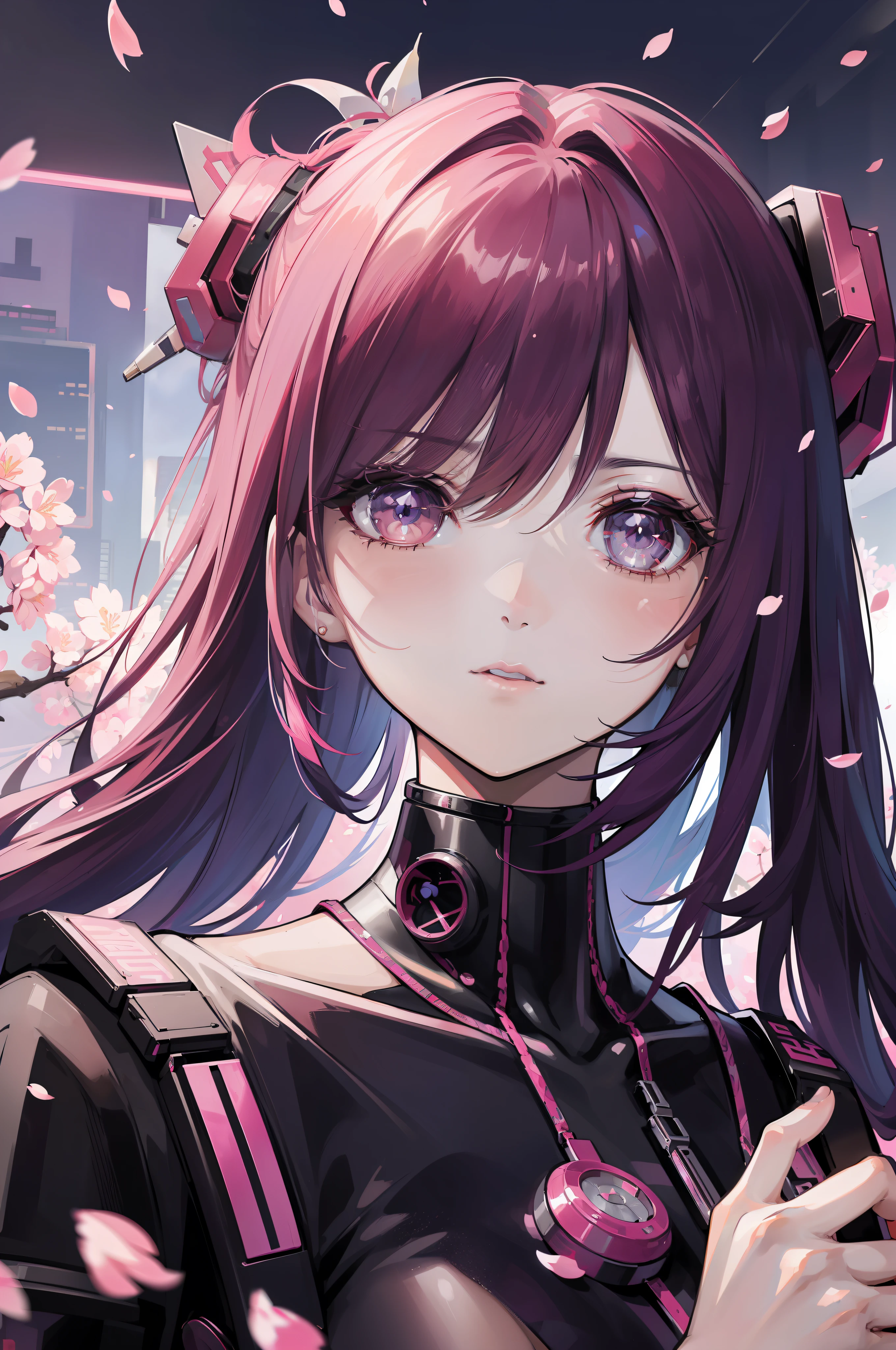 ((cyberpunk-style half-length portrait of a woman)), ((artistic)), ((cherry blossom petals in the background)), colorful, glitter, UHD, retina, masterpiece, accurate, ultra-detailed, highly detailed, high quality, Award-winning, highest quality, high definition, 1080P, HD, 4K, 8k, 16k