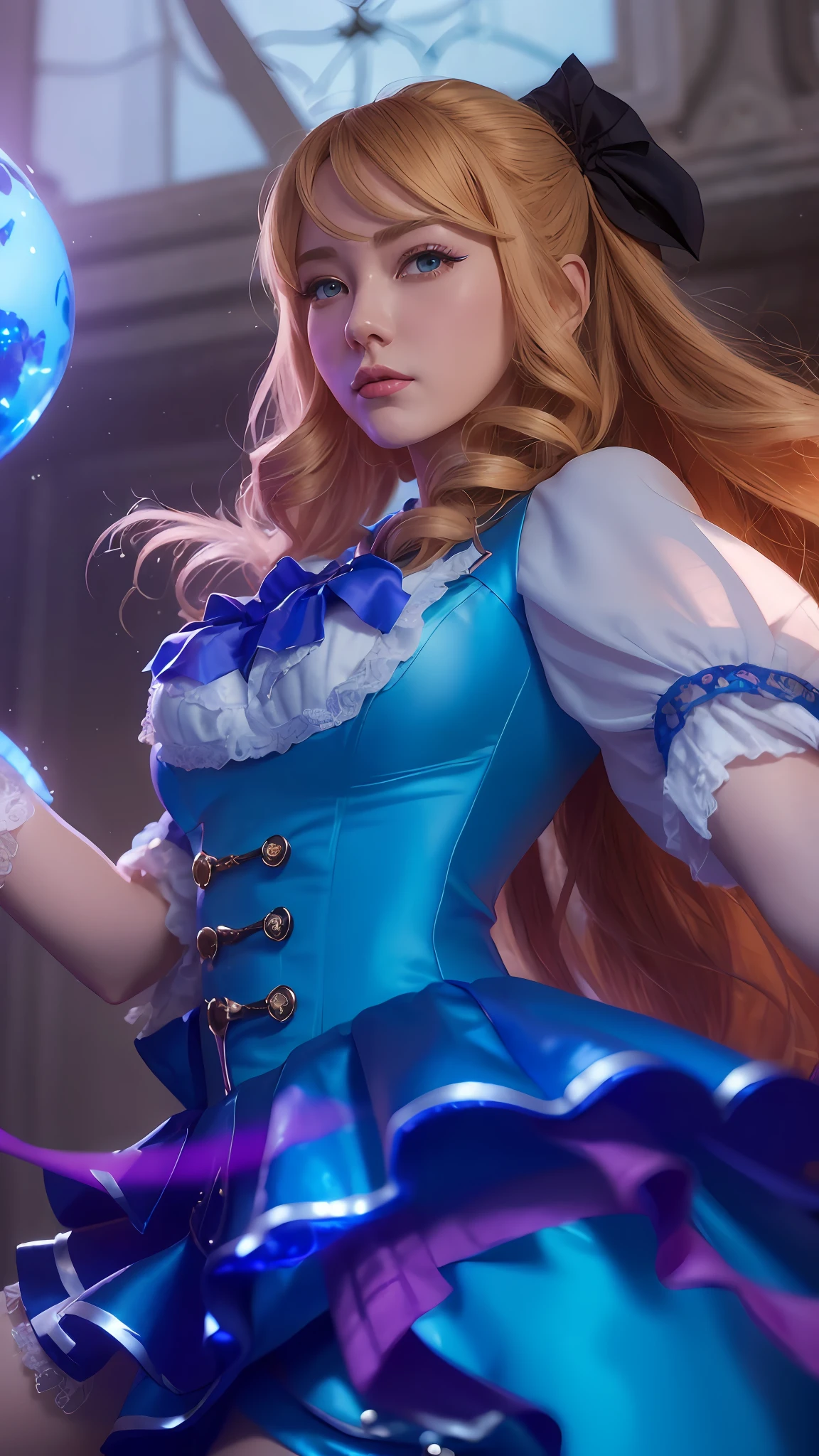 ((Best Quality, 4K, Masterpiece: 1.3)), (Detailed: 1.4), Reality, 1Girl, a close up of a woman in a blue dress holding a blue orbs, seraphine ahri kda, orianna, extremely detailed artgerm, style artgerm, miss fortune league of legends, cushart krenz key art feminine, artgerm detailed, miss fortune, high detail, A woman with Blonde hair and blue dress, Big Breast, Huge Breast, Beauty smile, perfect smile, perfecteyes, 4K, HD, Ultra Realistic, extremely detailed, tfft