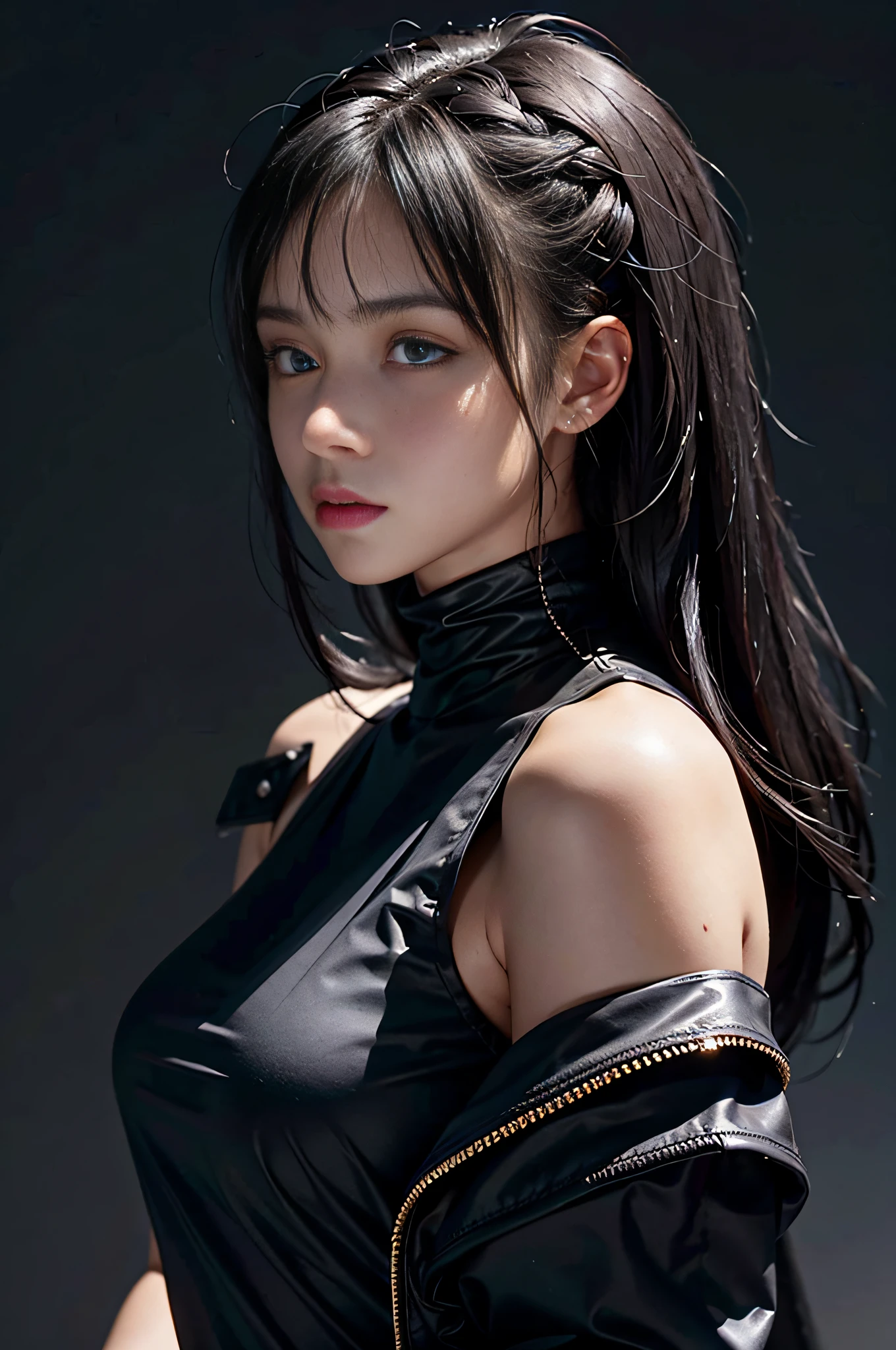 An 18-year-old woman, (high top fade: 1.3), long hair, dark theme, soothing tones, soft colors, high contrast, (natural skin texture, surrealism, soft light, sharp),