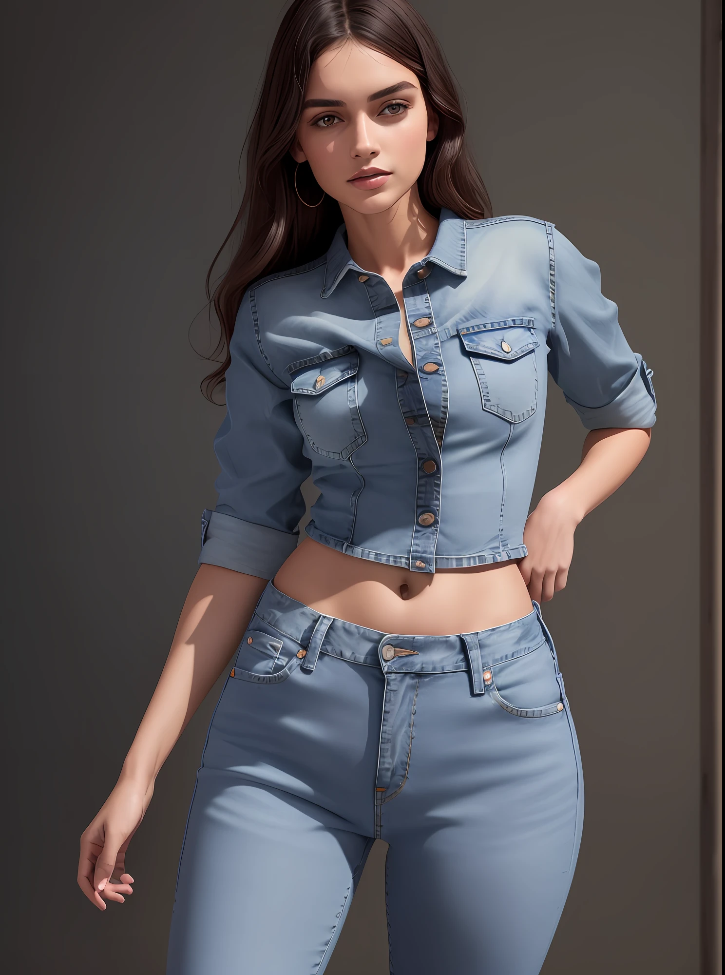 uma linda mulher de camisa jeans e jeans sentada em um banquinho, jeans duplo, wearing a shirt and a jeans, usando jeans duplo, usando jeans, wearing a dark shirt and jeans, foto de modelo de slim, modelo da mulher, 2 Modelo feminina de 4 anos, modelo deslumbrante, modelo bonito, Denim, Modelo feminino, modelo posando, ( ( ( wearing jeans ) ) )