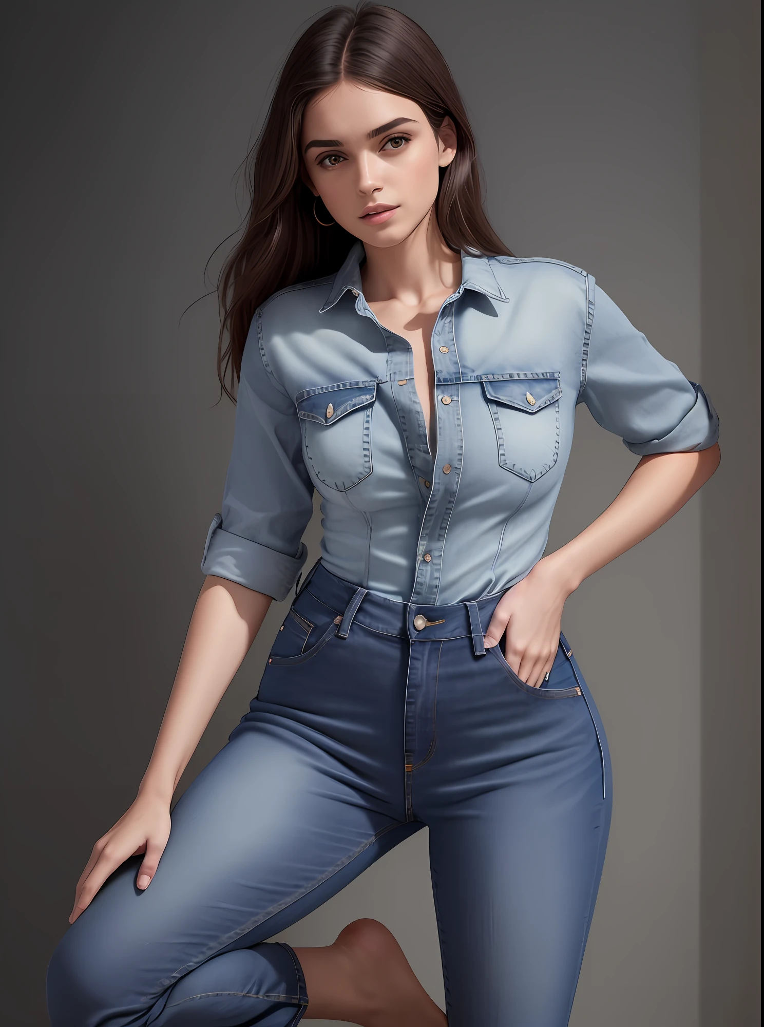 uma linda mulher de camisa jeans e jeans sentada em um banquinho, jeans duplo, wearing a shirt and a jeans, usando jeans duplo, usando jeans, wearing a dark shirt and jeans, foto de modelo de slim, modelo da mulher, 2 Modelo feminina de 4 anos, modelo deslumbrante, modelo bonito, Denim, Modelo feminino, modelo posando, ( ( ( wearing jeans ) ) )