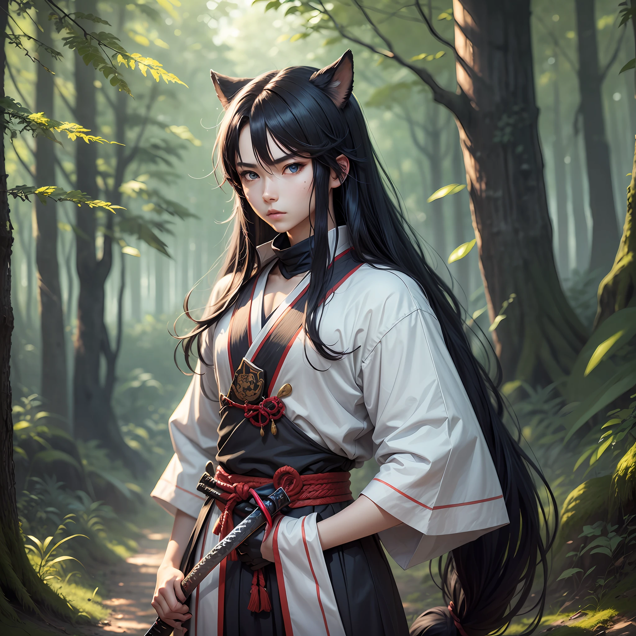 anime character standing in the forest facing the camera have a long black hair big blue eyes wearing samurai kemono and have 2 katana in his waist , high quality, 4k --auto --s2