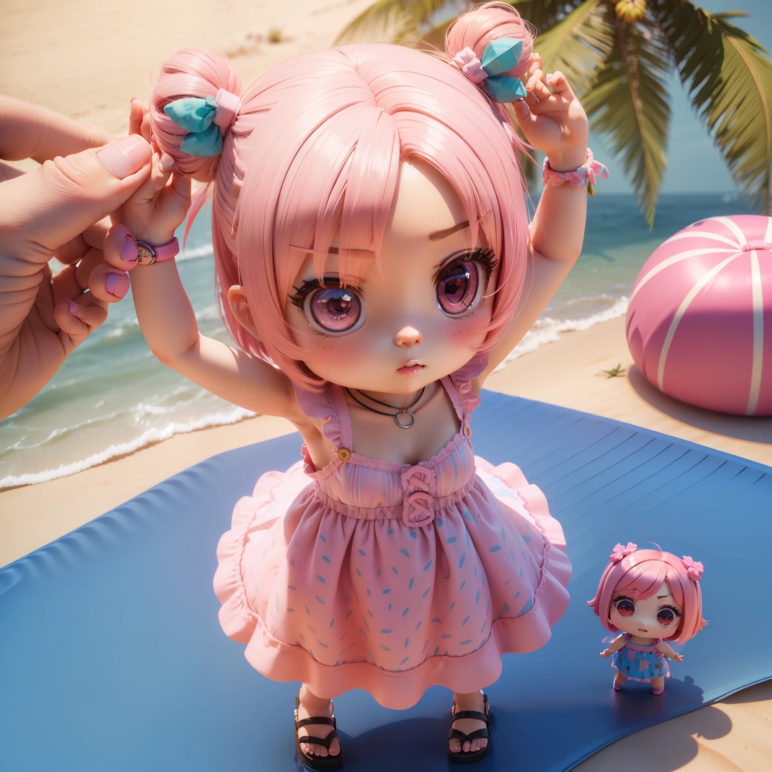(((chibi 3d)))Cute and beautiful chibi anime/Bob hairstyle mixed with pink and blue,Sundress with strawberry print print,Knitted sandals,Summer Beach,Palm trees.Bring your hands closer to your face「Hello」and shout。