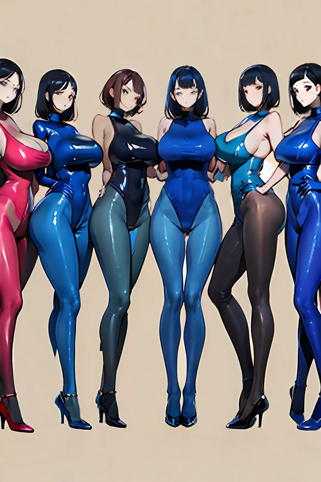 full bodyesbian,Nine women,Stand in a row,In a one-piece tights,Conjoinment,Blue latex set,Standing on the ground,huge tit,Slim,long leges,Stand up straight,nothing background