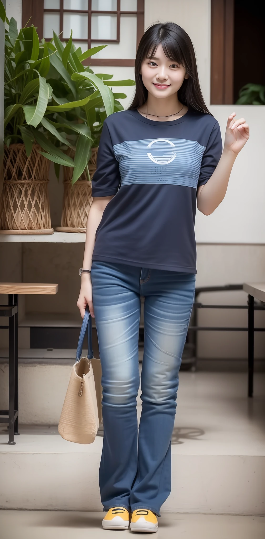 Zhu Ai_Villas,RAW photos,Brand photos,(highdetailskin:1.2),8k ultra high definition,digital SLR camera,gentlesoftlighting,high high quality,filmgrain,富士XT3,20 years old Asian woman,Wear simple clothes,T-shirt and skinny jeans,Detailed clothing details:1.3,perfect body figure,Super detailed facial details and skin,Fair and tender face and skin,二重まぶた,Super detailed eyes,Sweet smile:0.5,fully body photo