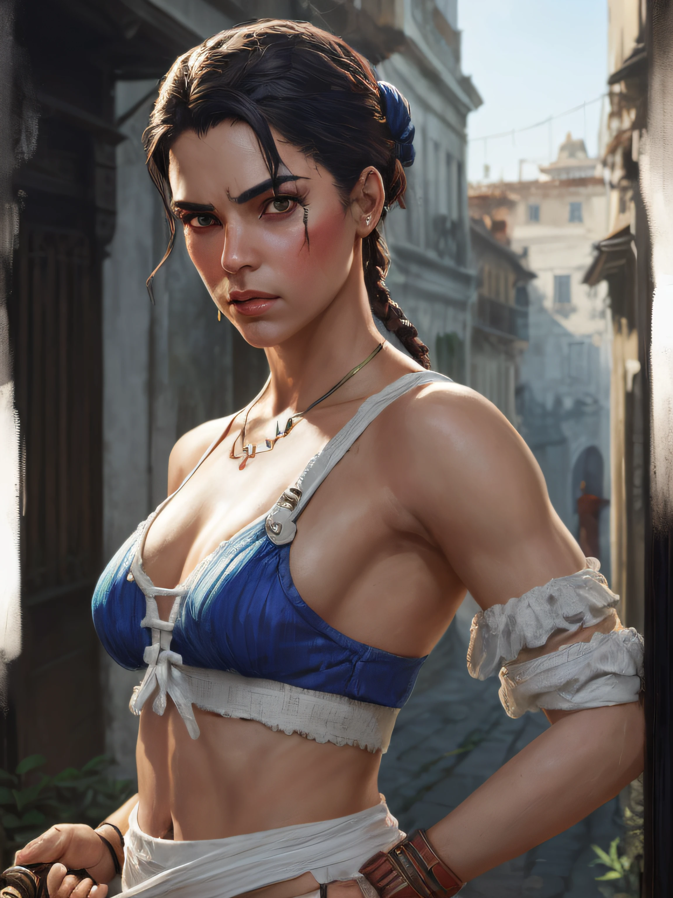 Um retrato, Chuli ((Street Fighter))), (((Jogo de Rua)), ((SNES)), ((80's classic)), bem linda, corpo todos, roupa tradicional do jogo, sensual, olhos brancos detalhados, Roupa azul e detalhes branco, , , veins in your arm, intrincado, alto detalhe, foco nítido, Dramatic and Photorealistic Painting Art by Greg Rutkowski