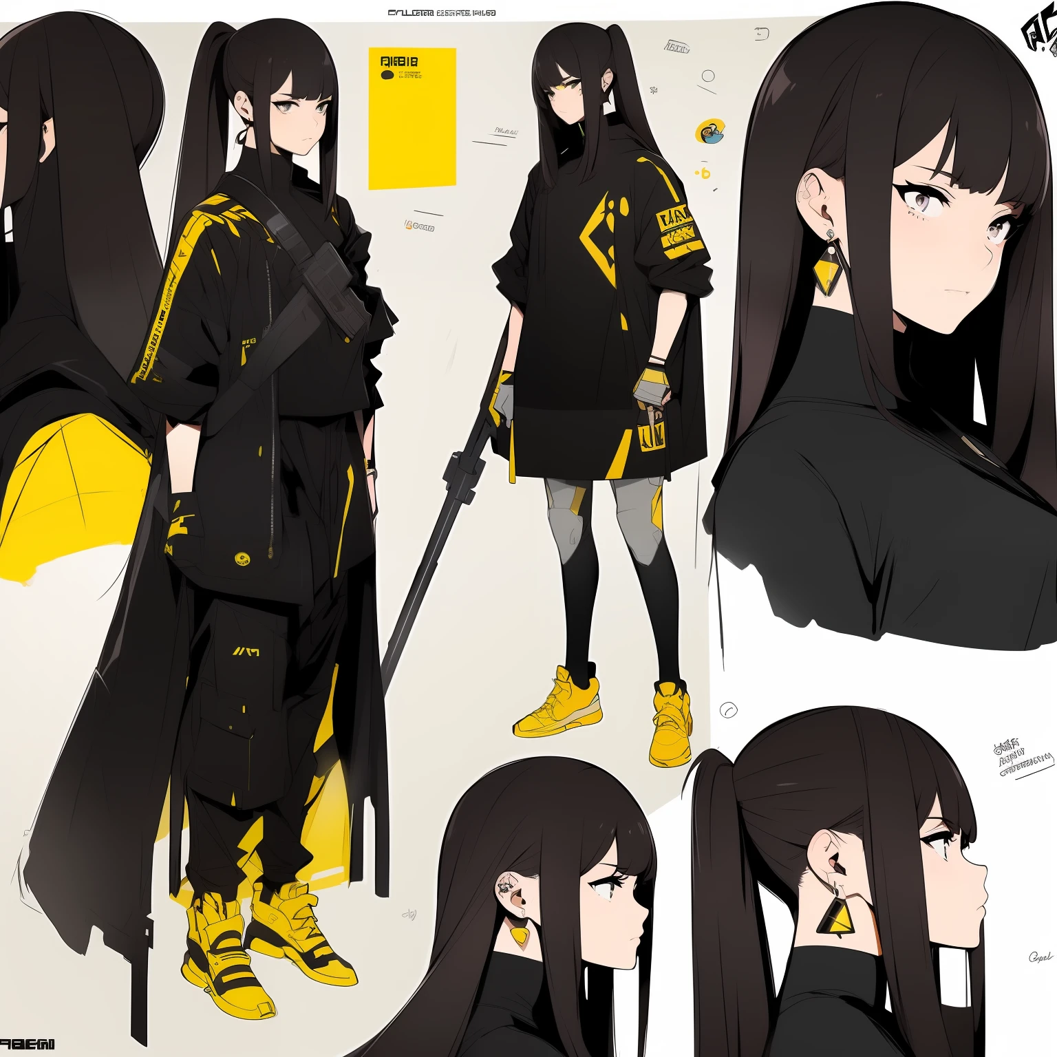 Yellow theme，Masterpiece,Best quality,offcial art,Extremely detailed Cg Unity 8K wallpaper,1girll, joy, Anger and sadness on various expressions，Red single ponytail hairstyle，Glowing fist，Mechanical headphones，（（（Red gradient battle suit））），a black cloak，Hand-held laser metal weapons，，character  design，Zhuzeshegi，Sketch line diagram,