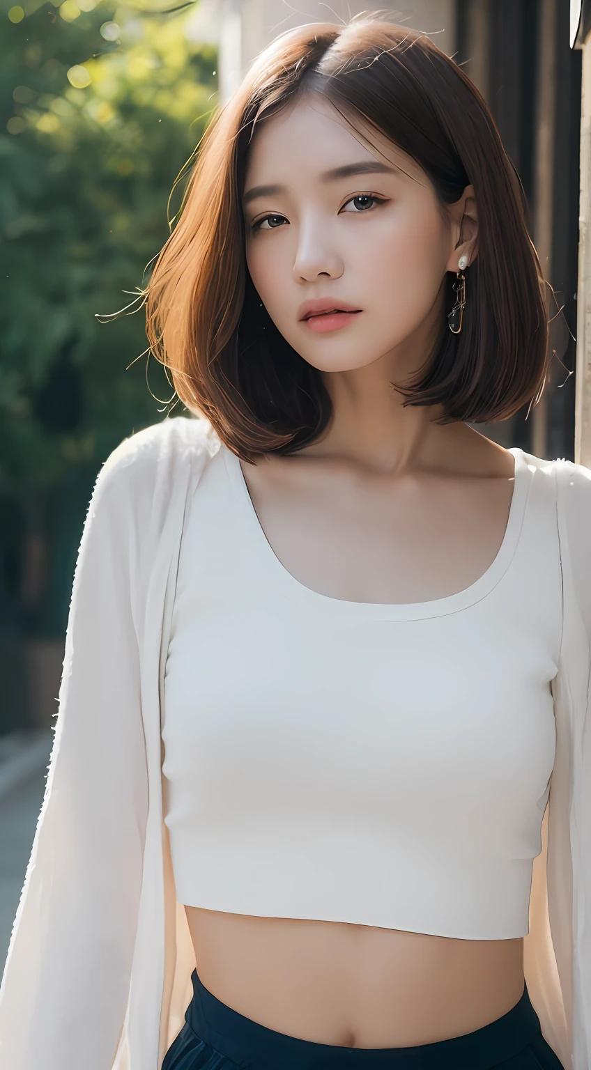 ((Realistic lighting、top-quality、8K、masterpiece:1.3))、Clear focus:1.2、1girl in、Perfect figure:1.4、Slim abs:1.1、((dark brown hair))、(white shirt:1.4)、(outside of house、natta:1.1)、Street、Super fine face、Narrow-eyed、二重まぶた、kowtow、jaket、be bothered