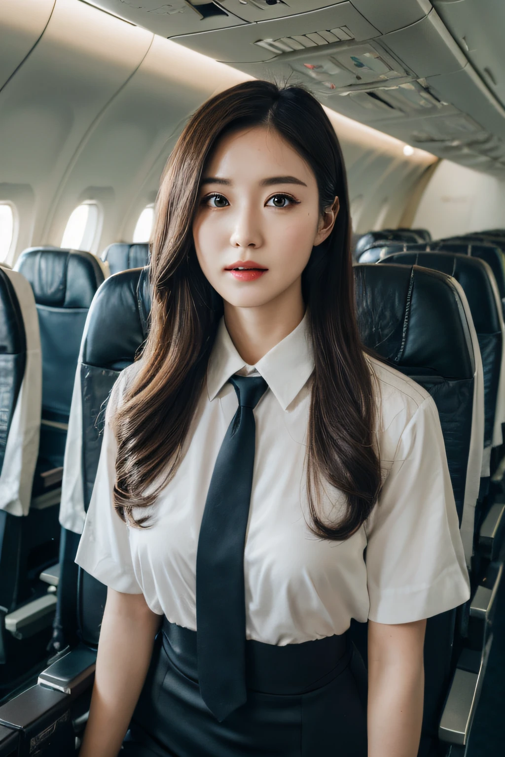 best quality, masterpiece, 8k, ultra high res, (photorealistic:1.4), highly detailed, intricate detail, delicate and beautiful, good lighting, professional lighting, sharp focus, detailed shadows, exquisite details and textures, depth of field, unity 8k wallpaper, cinematic composition, cinematic lighting, official art, Cabin Crew, flight attendant, black pantyhose, (aircraft, (Aircraft Corridor), Aircraft seats) beautiful elegant face, detailed face, detailed eyes, realistic hair, long hair, (1girl), (standing:1.3),