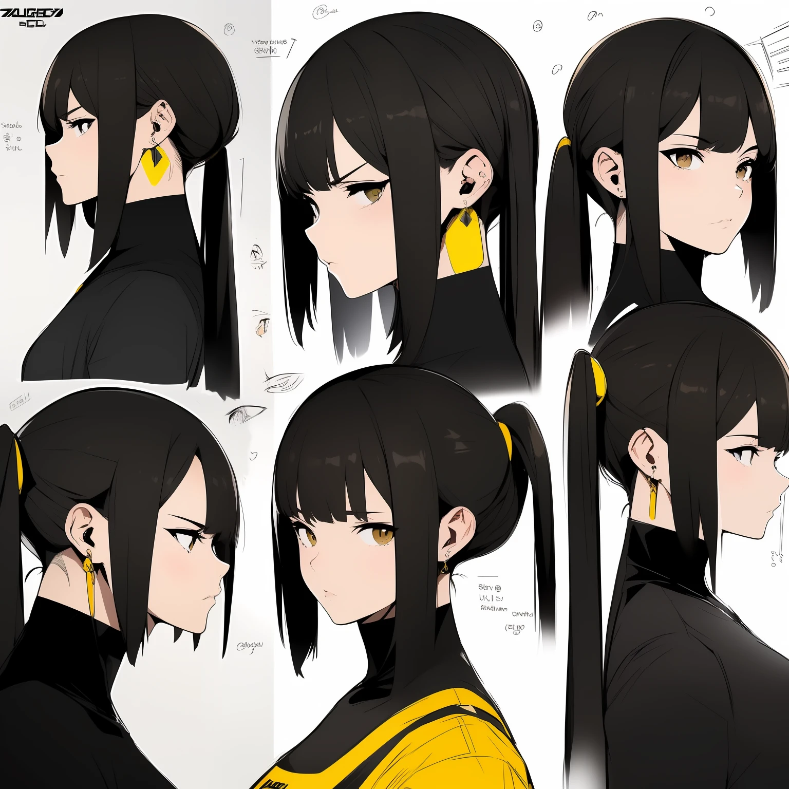 Yellow theme，Masterpiece,Best quality,offcial art,Extremely detailed Cg Unity 8K wallpaper,1girll, joy, Anger and sadness on various expressions，Red single ponytail hairstyle，Glowing fist，Mechanical headphones，（（（Red gradient battle suit））），a black cloak，Hand-held laser metal weapons，，character  design，Zhuzeshegi，Sketch line diagram,