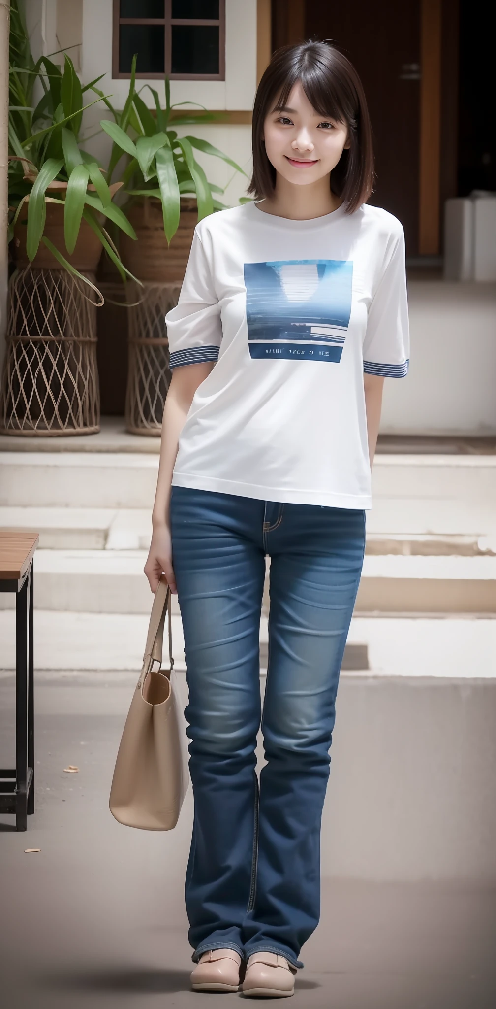 Zhu Ai_Villas,RAW photos,Brand photos,(highdetailskin:1.2),8k ultra high definition,digital SLR camera,gentlesoftlighting,high high quality,filmgrain,富士XT3,20 years old Asian woman,Wear simple clothes,T-shirt and skinny jeans,Detailed clothing details:1.3,perfect body figure,Super detailed facial details and skin,Fair and tender face and skin,二重まぶた,Super detailed eyes,Sweet smile:0.5,fully body photo