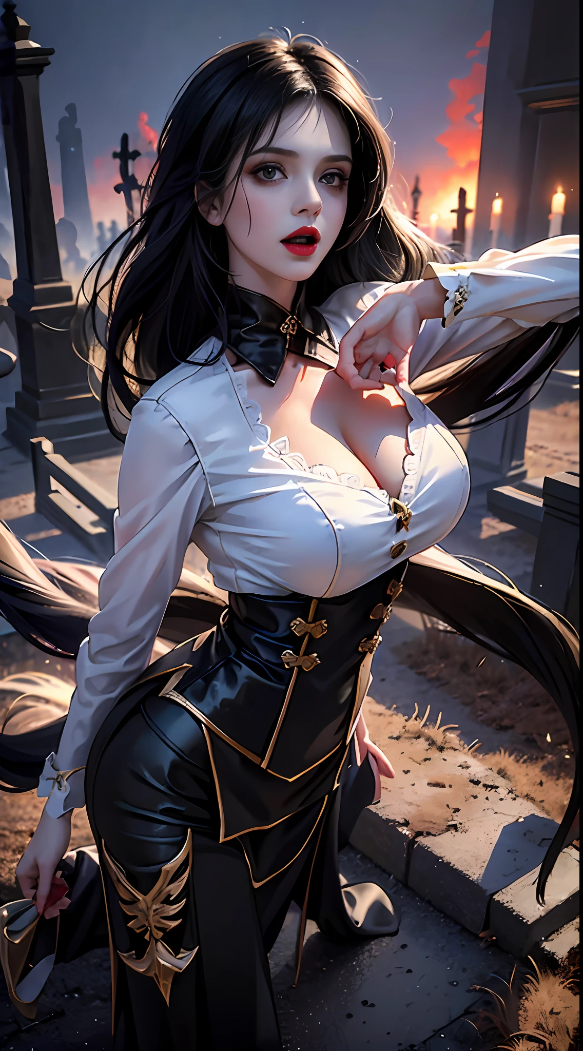 Best quality, Masterpiece, (Realistic:1.2), (1girll,Solo:1.6),A young woman, witch,unholy,Waist up, Middle Ages style, Gothic style,Detailed face, Detailed eyes, (detailed black hair:1.4),, Detailed skin, (Detailed clothes:1.5),Cloak,view the viewer, Dramatic, vibrant,, Dark environment of the Middle Ages,Castle,forest,(((Cemetery))),50 millimeters,F1.2, EOS-1D X Mark III,(full bodyesbian:1.2),(In the night),standing,(the complex background:1.6), (Heavy makeup:1.3),(Blood on the face:1.2),Dagger in hand,Bigboobs,stocklings,Full body like,Realistic fighting stance,hyper realisitc,big breasts exposed cleavage,Bare with thighs,Sexy expressions,Slightly open mouth,Enchanted,Vampires