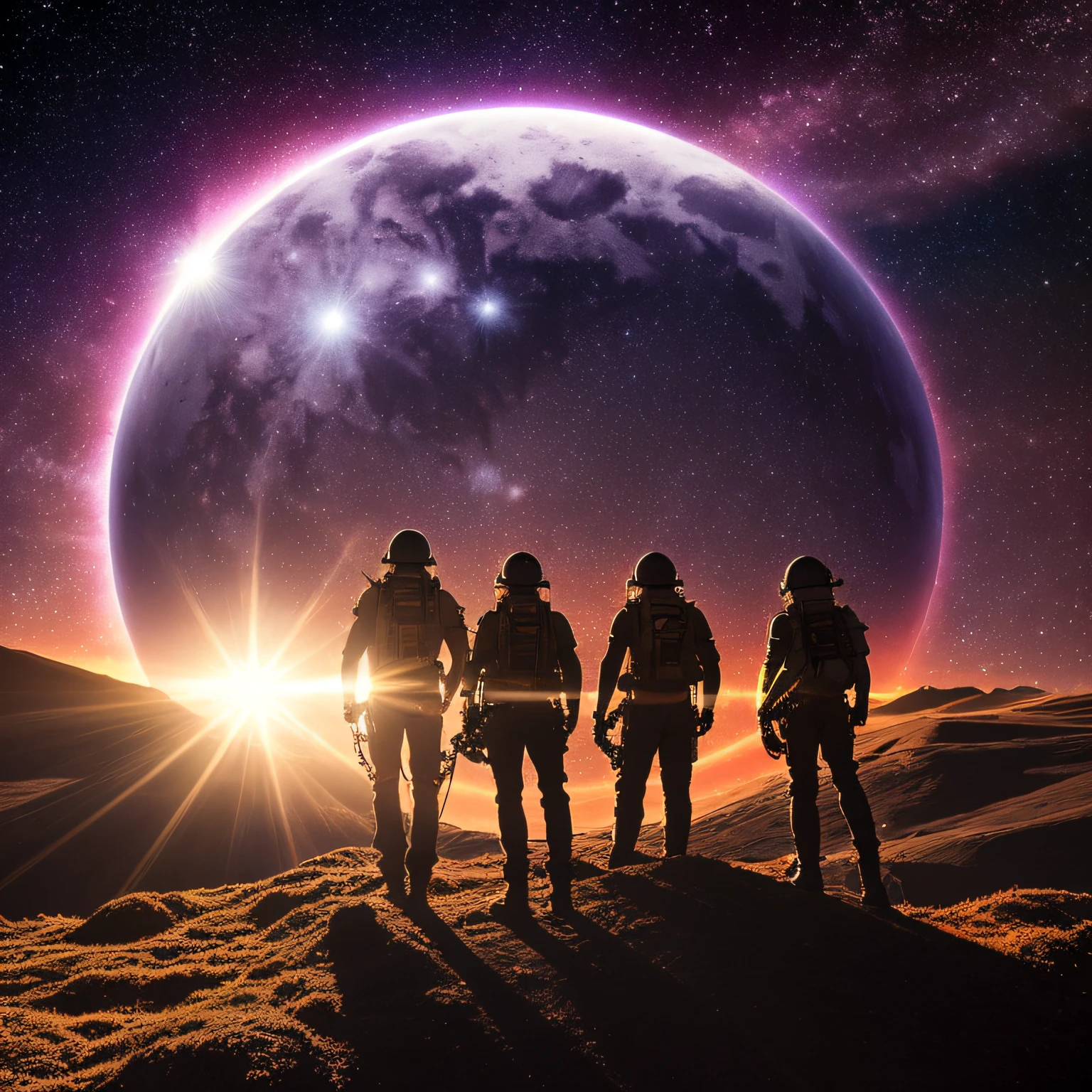 (best quality:1.2),imagem da super lua,A futuristic band playing on another planet in the universe,luces intensas,Sun rays bursting into the starry sky, estrelas brilhantes, sombras laterais, energeticamente impressionante