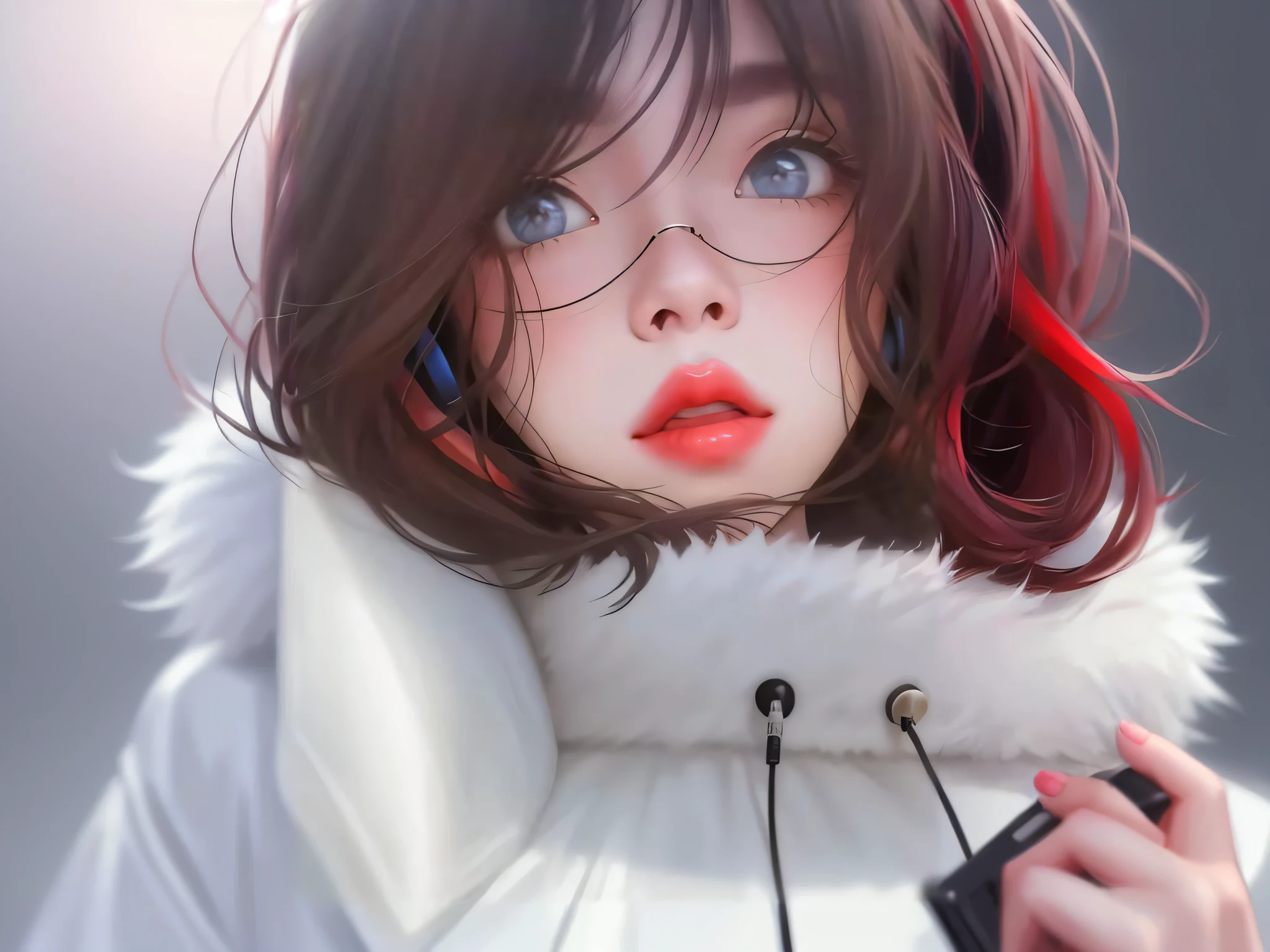 Anime girl with red lips and a white coat with a fur collar, Guviz-style artwork, Kawaii realistic portrait, Guviz, Realistic cute girl painting, realistic anime artstyle, a beautiful anime portrait, Realistic anime 3 D style, Soft anime illustration, anime realism style, Digital anime art, lovely digital painting, made with anime painter studio