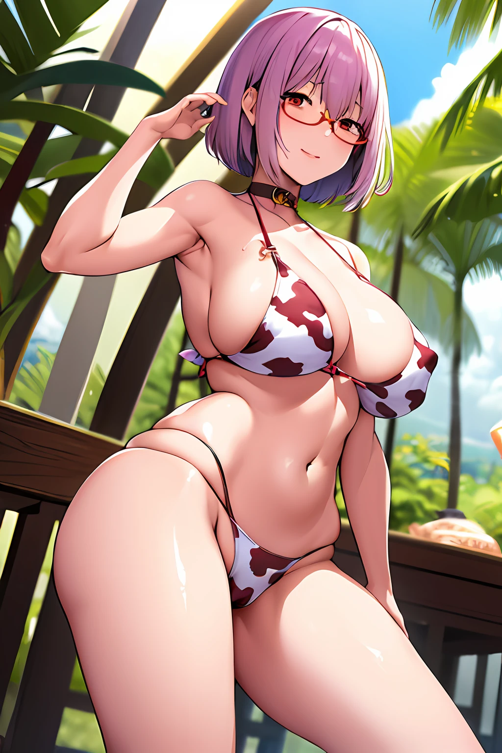 masterpiece, best quality, highres, 1girl, shinjou akane, short hair, breasts, bangs, red eyes, light purple hair, glasses, cow bikini, bikini, beach, camel toe, sexy ass, panty