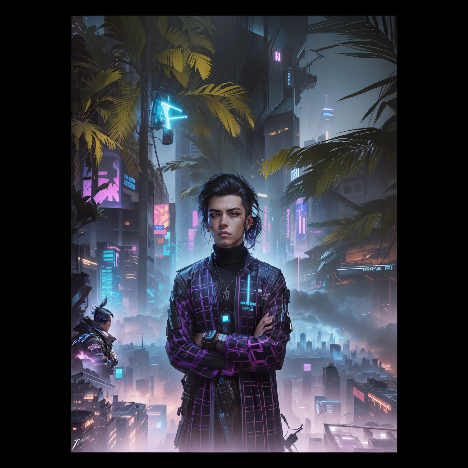 Change backround cyberpunk handsome boy. Realistic face. Ultra