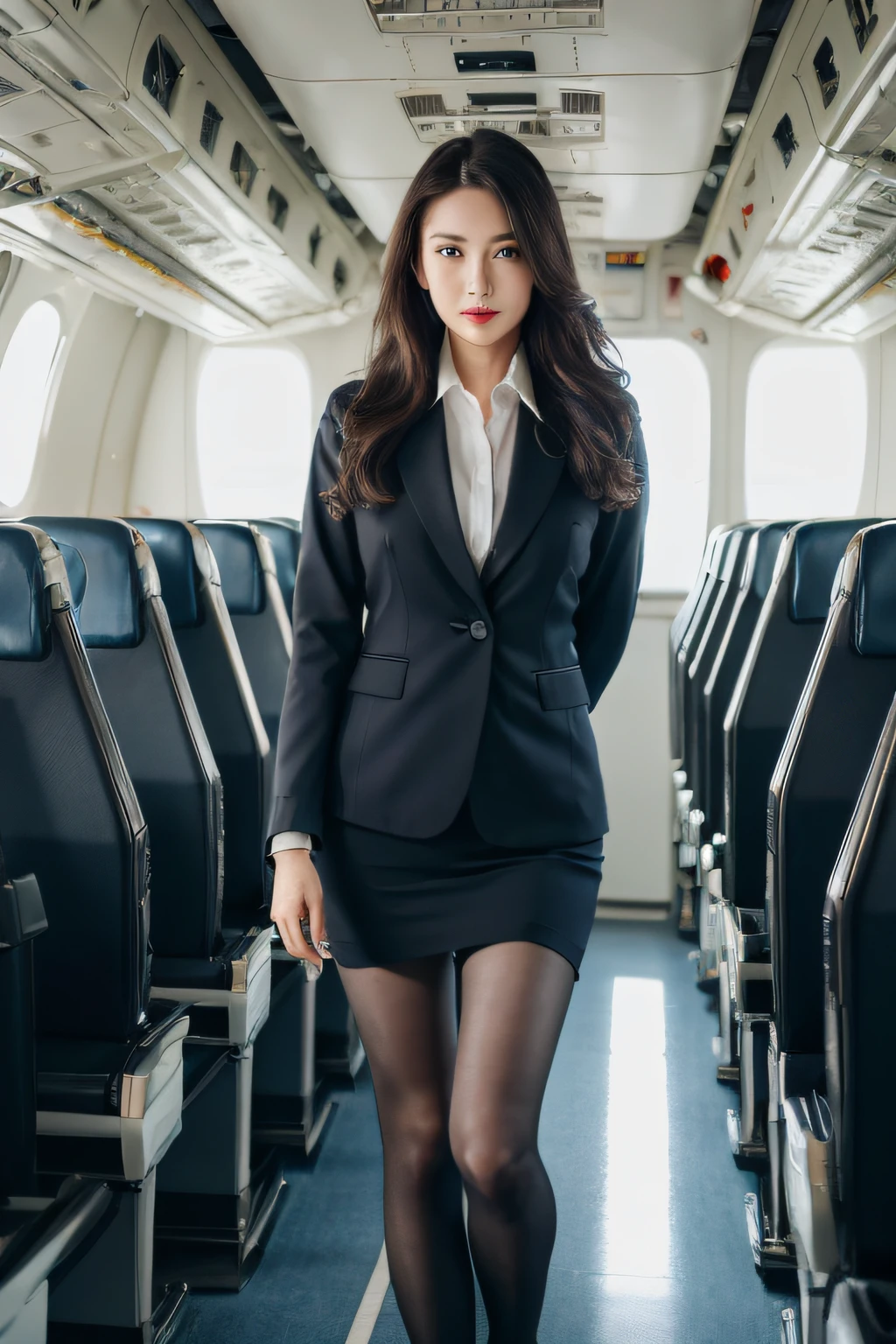 best quality, masterpiece, 8k, ultra high res, (photorealistic:1.4), highly detailed, intricate detail, delicate and beautiful, good lighting, professional lighting, sharp focus, detailed shadows, exquisite details and textures, depth of field, unity 8k wallpaper, cinematic composition, cinematic lighting, official art, Cabin Crew, flight attendant, black pantyhose, (aircraft, (Aircraft Corridor), Aircraft seats) beautiful elegant face, detailed face, detailed eyes, realistic hair, long hair, (1girl), (standing:1.3),