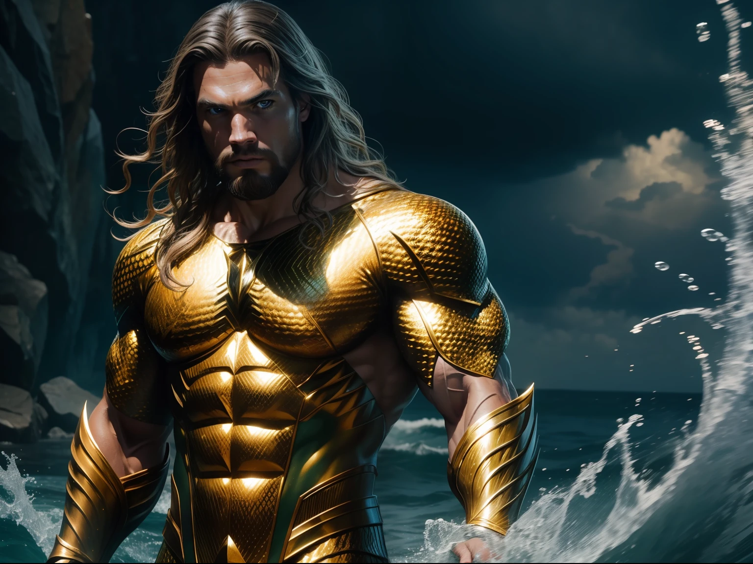 (8k, RAW photo, best quality, masterpiece: 1.2), ultra-detailed, formal art, photorealism: 1.37, upper body shot, DC Aquaman, film grain, action pose