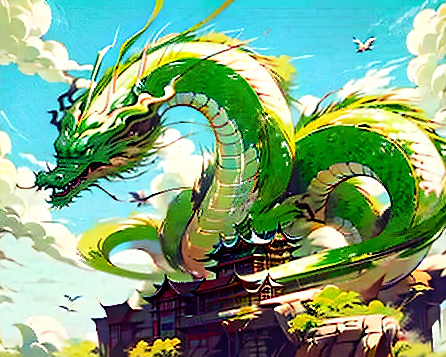 Green oriental dragon,fly,blue-sky,without humans,超高分辨率,