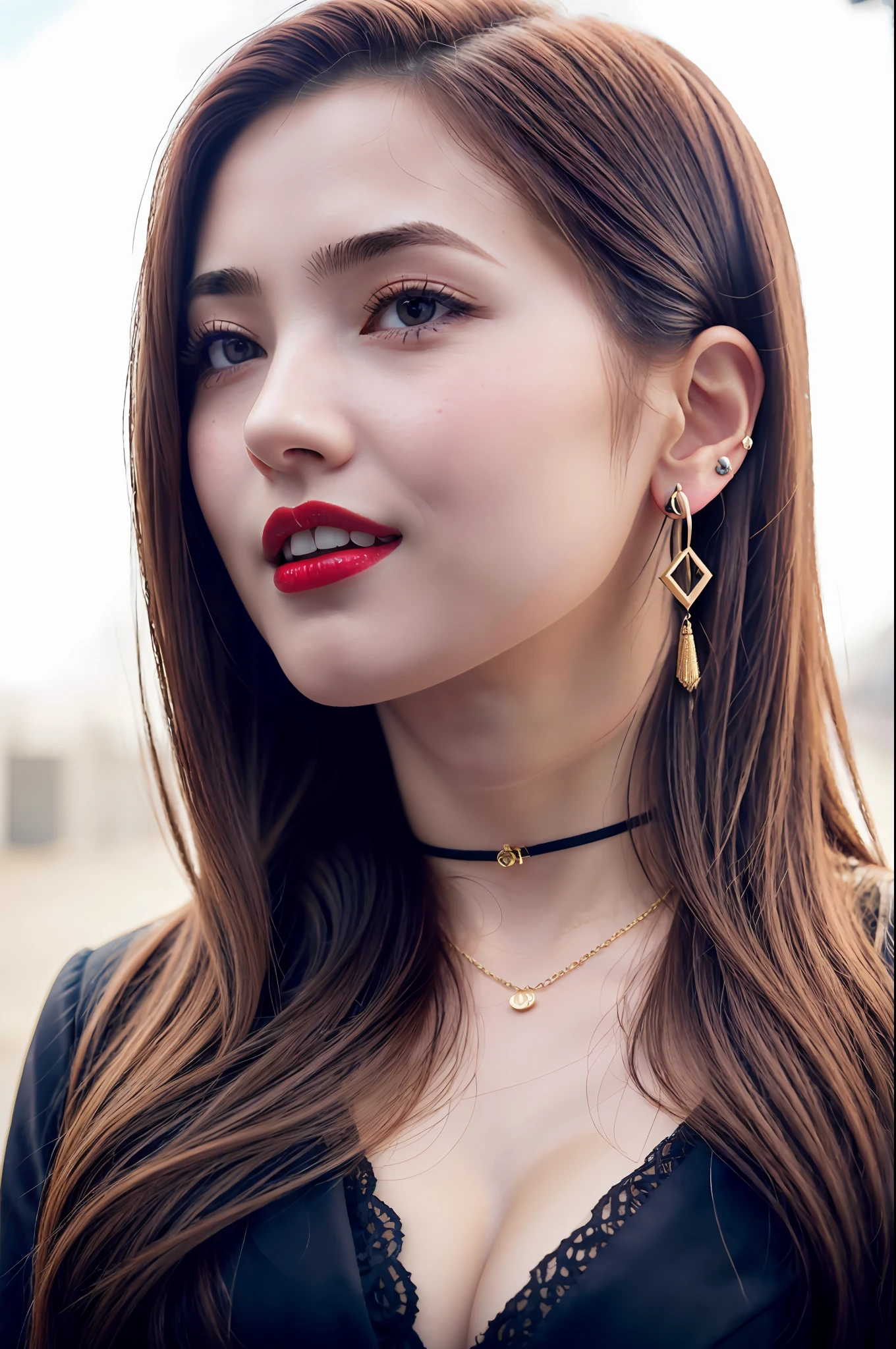 8K, beste Quality, A masterpie, Realstic, photorealestic, extremelydelicateandbeautiful, higly detailed, astonishing, Exquisite details, Official art,absurdist. incrediblyabsurdres, huge filesize, Ultra detailded, a highres, higly detailed, beautiful detailed girls, Very detailed eyes and face, Beautiful detailed eyes, Facial light, Nasal blush, ((1girls)),brown eyess, Red lips, short hairs, Bob Hair, neckless, ear ring, Medium breasted, cleavage breasts, shinny skin, out door, Professional lighting, detailed shadow, Supermodel, smile on face, a-pose