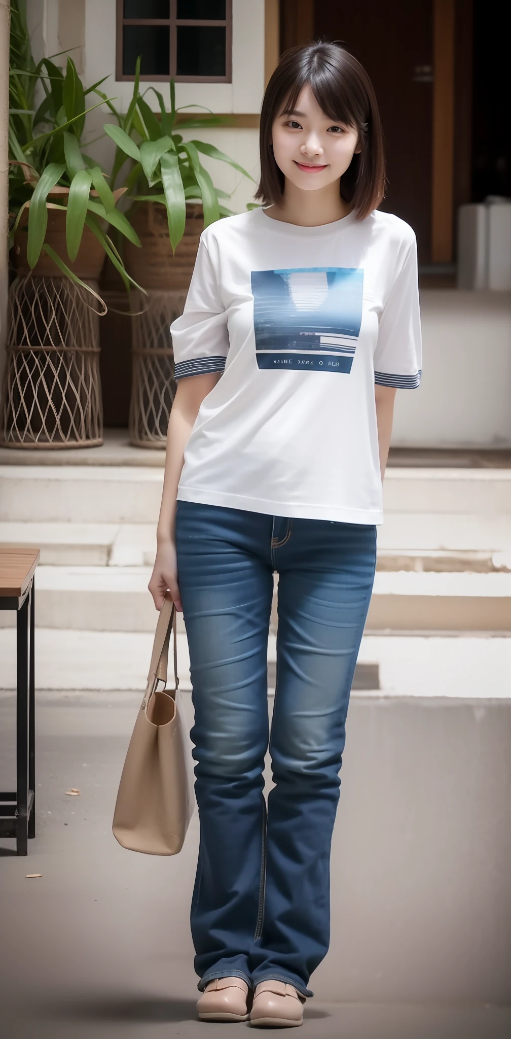 Zhu Ai_Villas,RAW photos,Brand photos,(highdetailskin:1.2),8k ultra high definition,digital SLR camera,gentlesoftlighting,high high quality,filmgrain,富士XT3,20 years old Asian woman,Wear simple clothes,T-shirt and skinny jeans,Detailed clothing details:1.3,perfect body figure,Super detailed facial details and skin,Fair and tender face and skin,二重まぶた,Super detailed eyes,Sweet smile:0.5,fully body photo