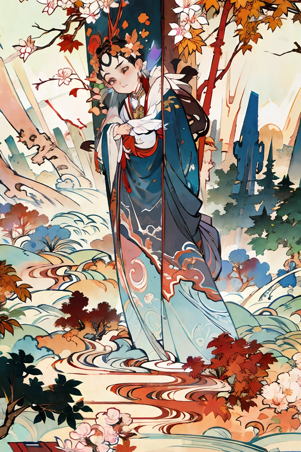 sgyy,(upper body: 1.5),(white background:1.4), ((tachi-e)), original,(illustration:1.1),(best quality),(masterpiece:1.1),(extremely detailed CG unity 8k wallpaper:1.1), (colorful:0.9),(panorama shot:1.4),(full body:1.05),(solo:1.2), (ink splashing),(color splashing),((watercolor)), clear sharp focus,1girl standing,(flowers,woods),outdoors,rocks, looking at viewer, make happy expressions,soft smile,pure,beautyfull detailed face and eyes,long hair,very long hair,soft face,forehead