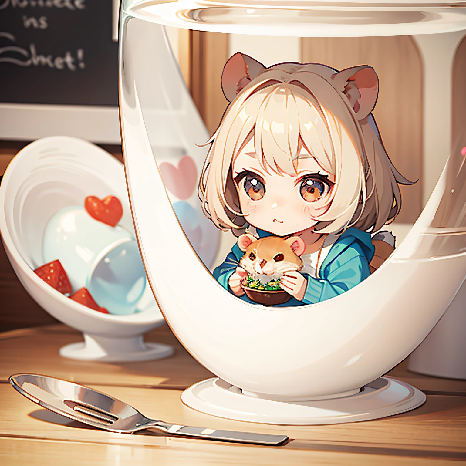 The cute lady hamster holds a bowl