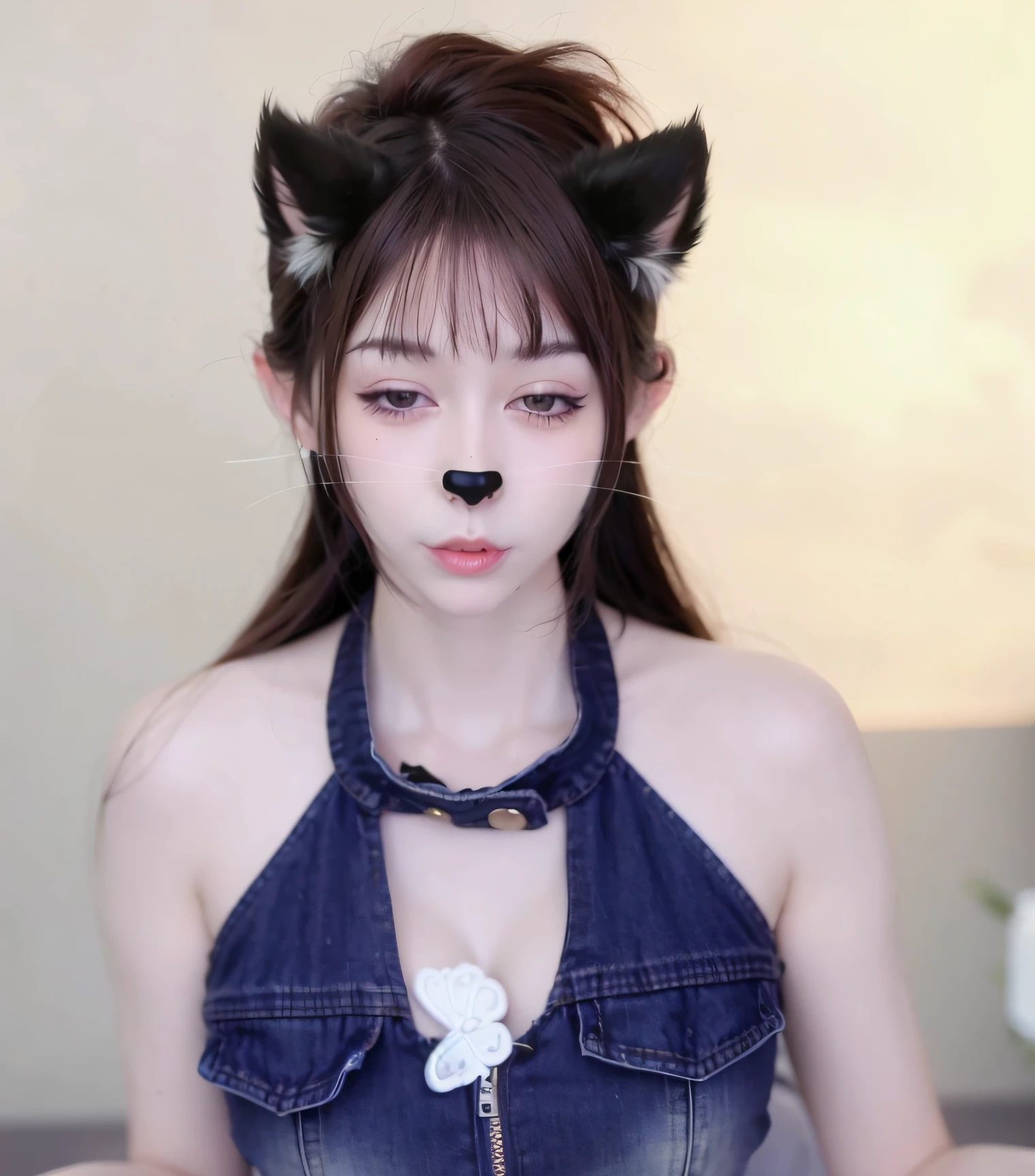 Arad woman in cat mask and denim dress, Cute girl with cat ears, black hair black cat ears, beautiful young catgirl, Wolf ears, cat ears on her head, anime girl with cat ears, Cat ears and tail