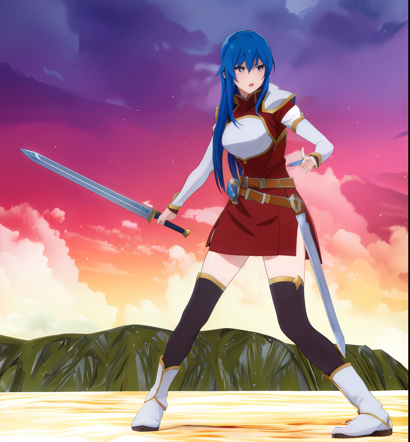 Anime girl holding a sword in front of mountains and sky, aqua from konosuba, Sheeda from Fire Emblem, jrpg character, erza scarlet as a real person, dramatic wielding sword pose, Attack Pose, katana zero video game character, konosuba anime style, Battle Pose, combat pose, natalie from epic battle fantasy, anime styled 3d