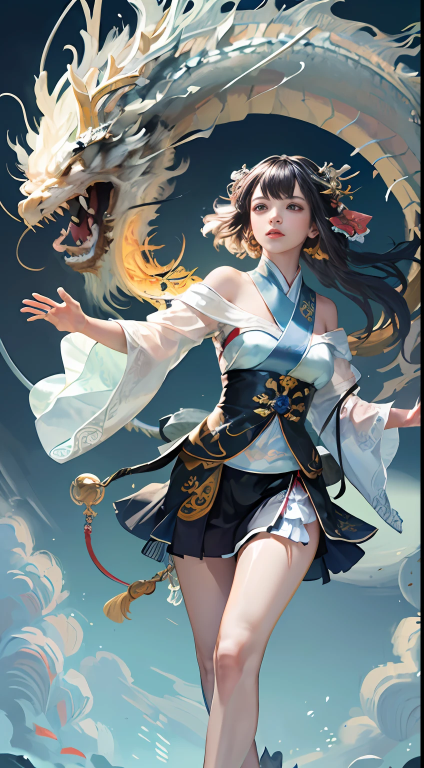 Official Art, Unified 8K Wallpapers, Ultra Detailed, Beautiful and Aesthetic, Masterpiece, Best Quality, (Zentangle, Tangle, Entangle), (fractal art: 1.4), (character center: 1.3), 1girl, black hair, Chinese, off-the-shoulders, short skirt, calf, navel, very detailed, dynamic angle, cowboyshot, (most beautiful form of chaos), ethereal, (bright colors), oc, (half: 1.2), china, (thangka flying sky: 1.5), (ribbon: 1.3), (dream: 1.5), (hanfu: 1.5), Chinese dragon, Chinese phoenix, (smile: 0.5), ( Chinese deities),