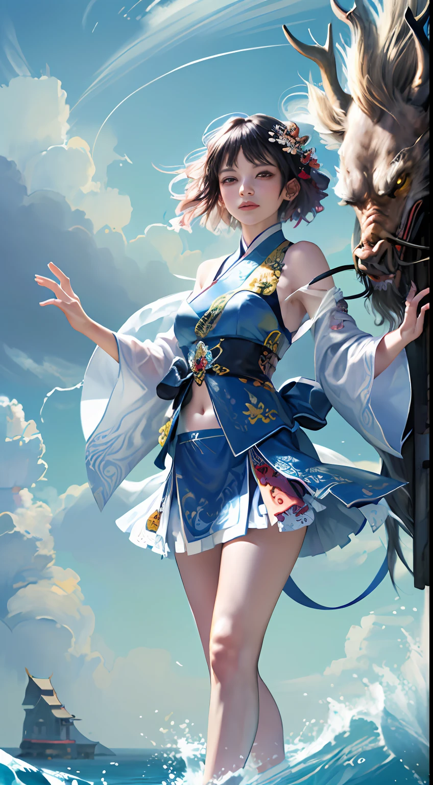 Official Art, Unified 8K Wallpapers, Ultra Detailed, Beautiful and Aesthetic, Masterpiece, Best Quality, (Zentangle, Tangle, Entangle), (fractal art: 1.4), (character center: 1.3), 1girl, black hair, Chinese, off-the-shoulders, short skirt, calf, navel, very detailed, dynamic angle, cowboyshot, (most beautiful form of chaos), ethereal, (bright colors), oc, (half: 1.2), china, (thangka flying sky: 1.5), (ribbon: 1.3), (dream: 1.5), (hanfu: 1.5), Chinese dragon, Chinese phoenix, (smile: 0.5), ( Chinese deities),