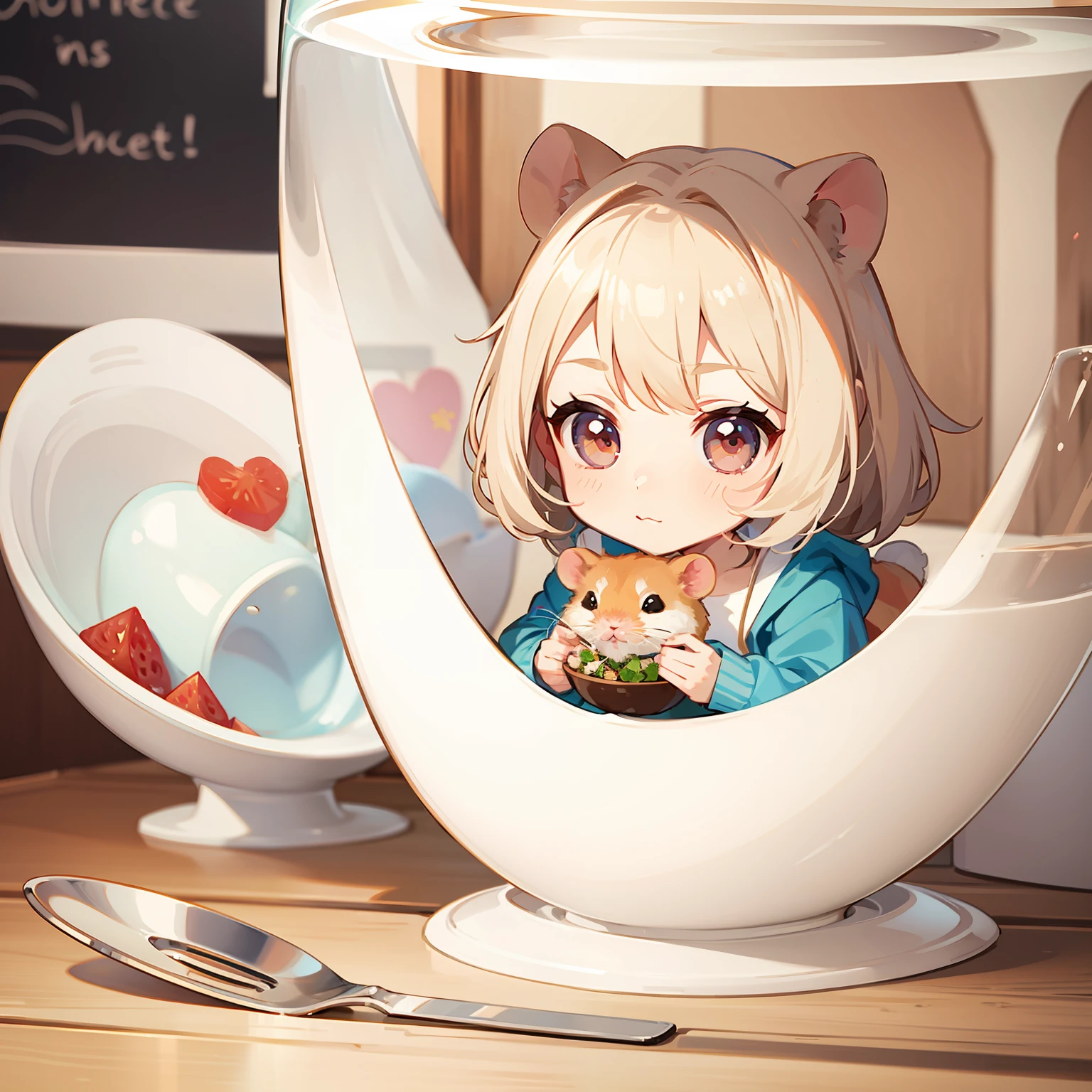 The cute lady hamster holds a bowl