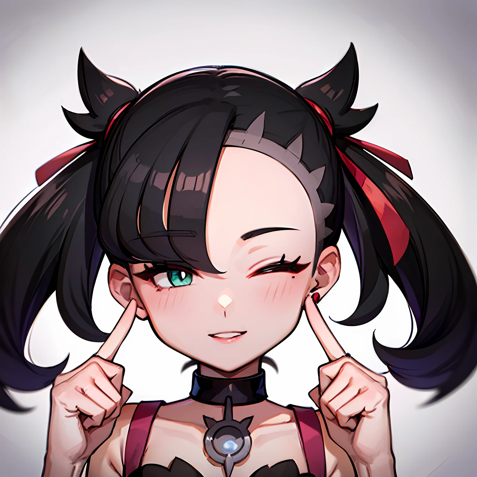 Cute 1girl, illustration, hmmarnie ,(marnie from pokemon) ,red ribbon, portrait, green eyes , long eyelashes,pink luscious lips,black choker, (cute feminine face) , asymmetrical bangs , earrings , cute  , happy expression , wide smile , (close up , one eye closed , finger over lips) , pink dress , perfect fingers, perfect hand , teeth , perfect teeth