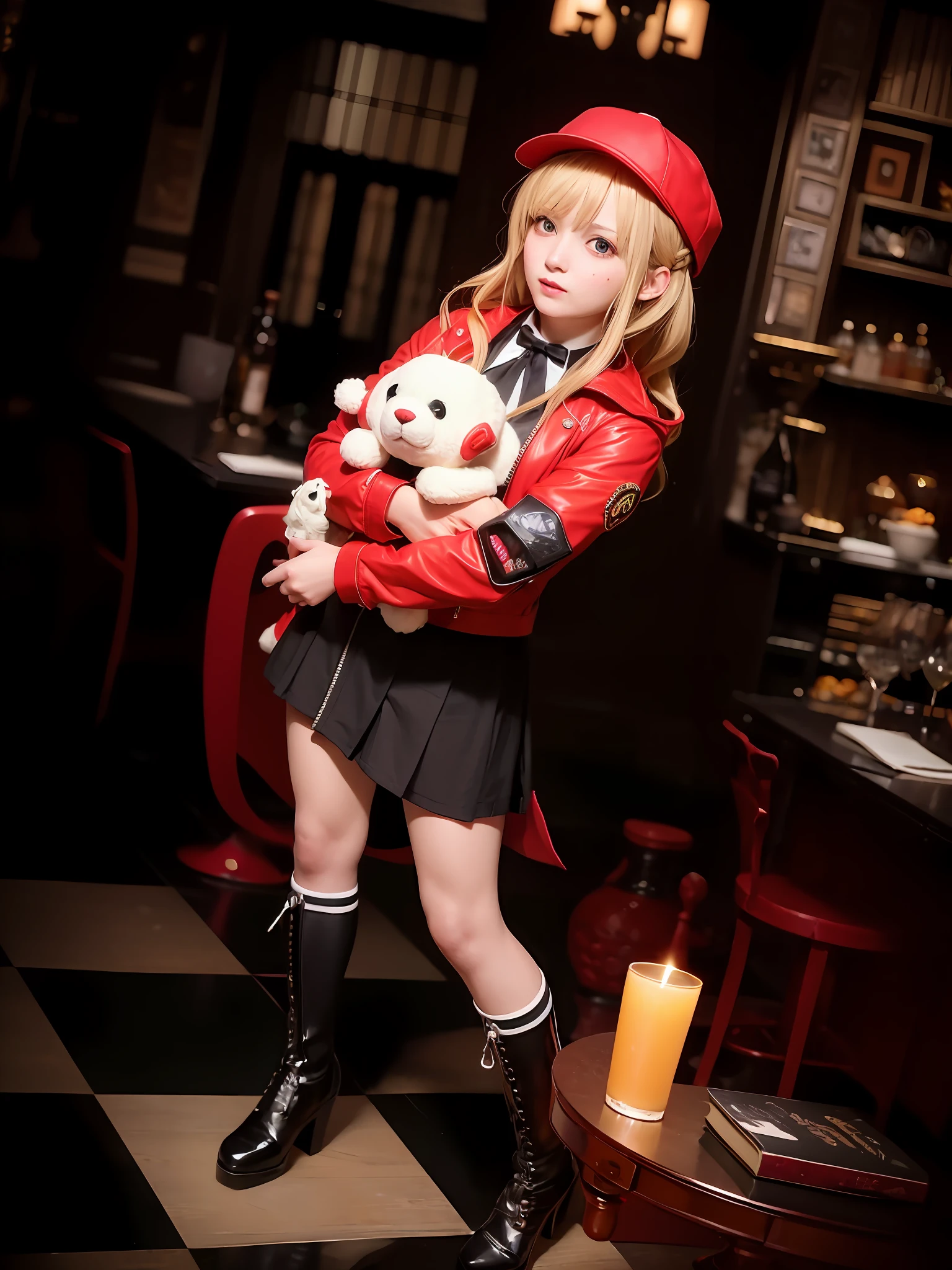 There was a woman in a red jacket holding a stuffed animal, 《Persona 5》Ann High Roll, Also, kirisame marisa from touhou, annie from league of legends, from touhou, v from devil may cry as an elf, Ayaka cosplay, Anime girl cosplay, cosplay, cosplay foto, 《fireemblem》in Edergard, Anime cosplay, Loli