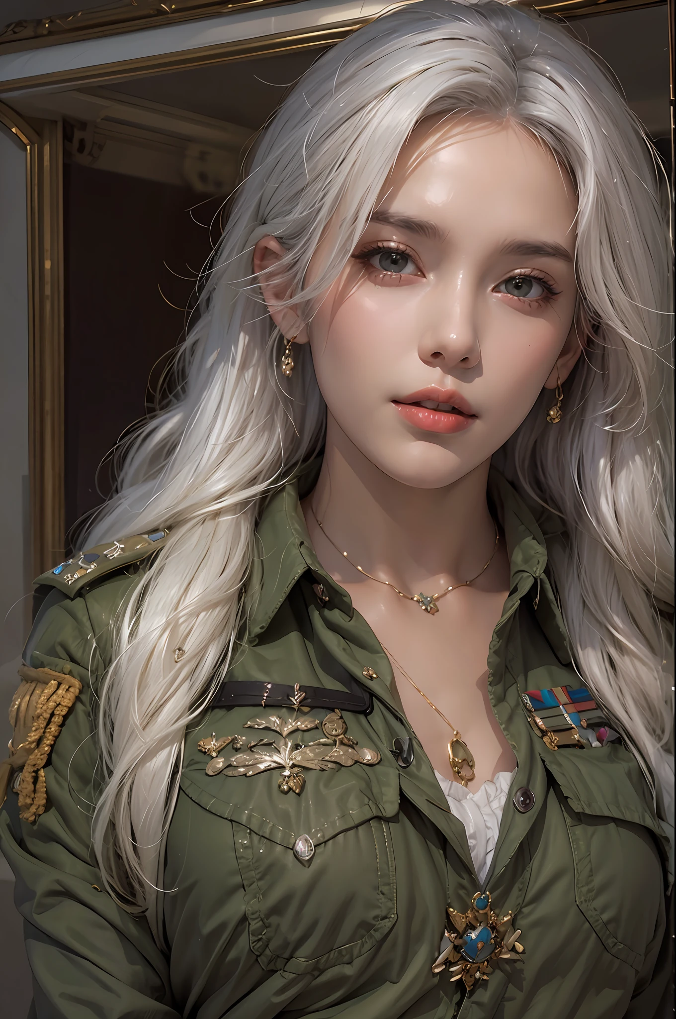 photorealistic, high resolution, soft lights, 1women, solo, hips up, look at viewer, (detailed face), white hair, long hair, military uniform, jewelry